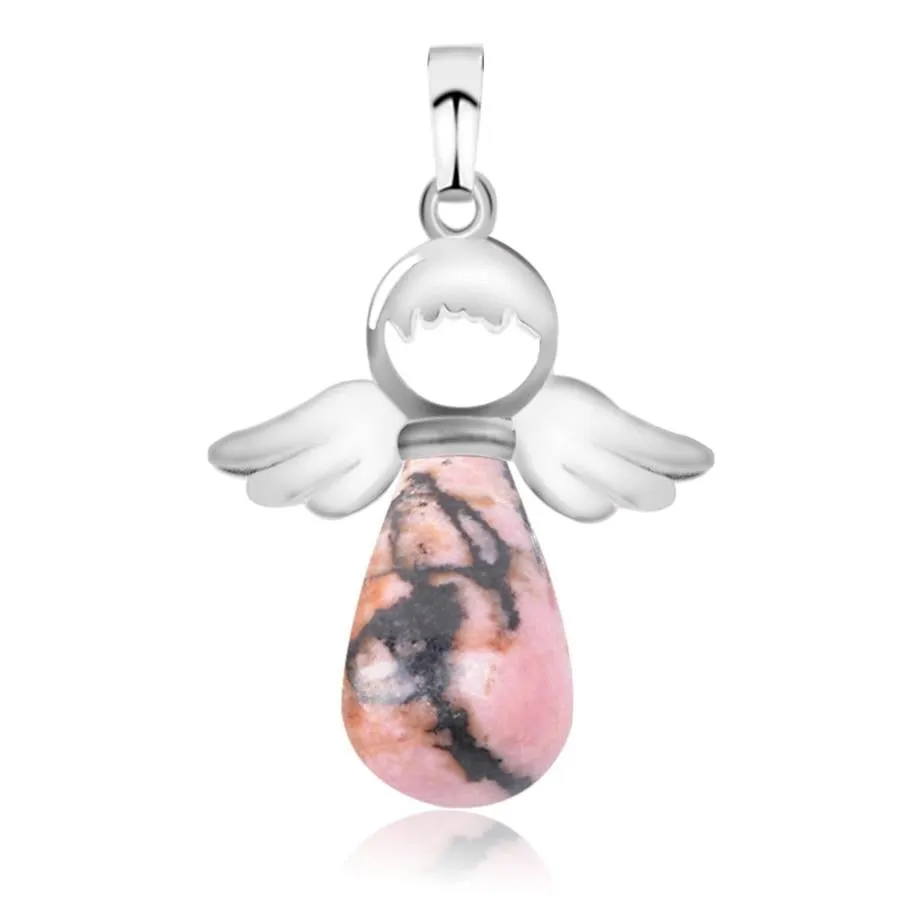 Natural Stones Angels Pendant for Necklace Pink Quartz Onyx Pendants Silver-color Water Drop Pendant