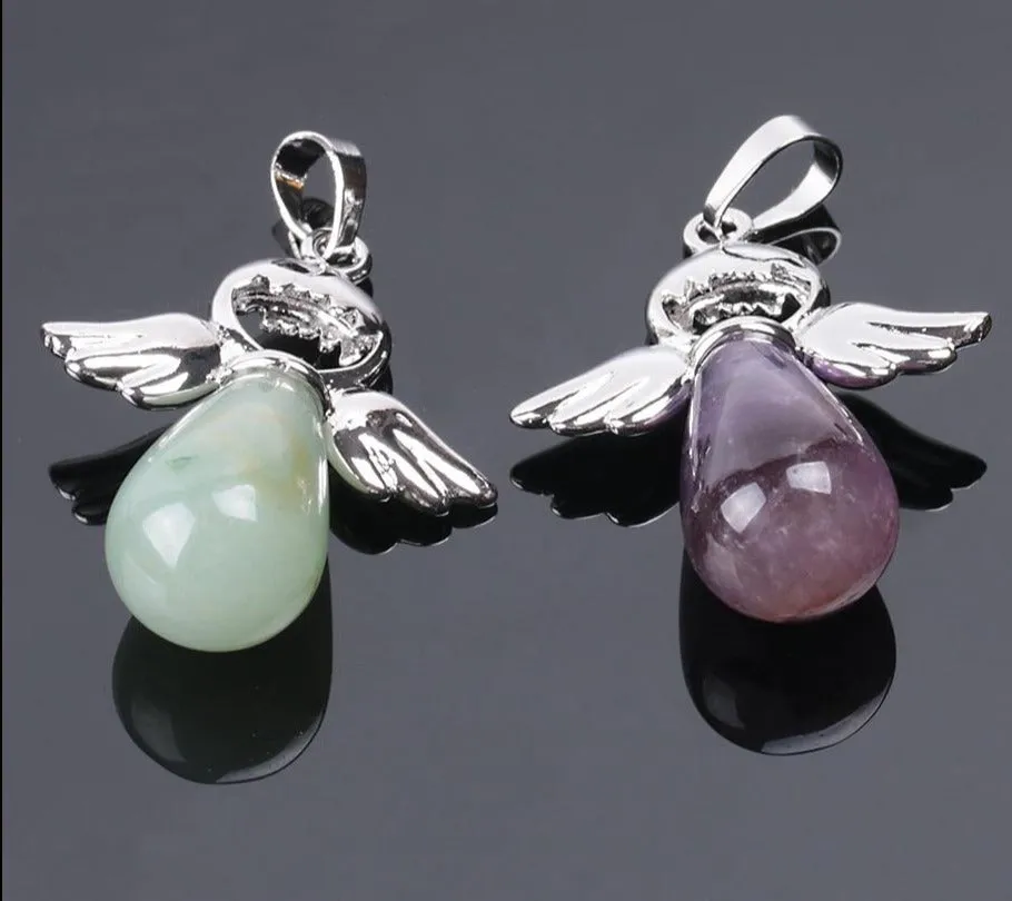 Natural Stones Angels Pendant for Necklace Pink Quartz Onyx Pendants Silver-color Water Drop Pendant