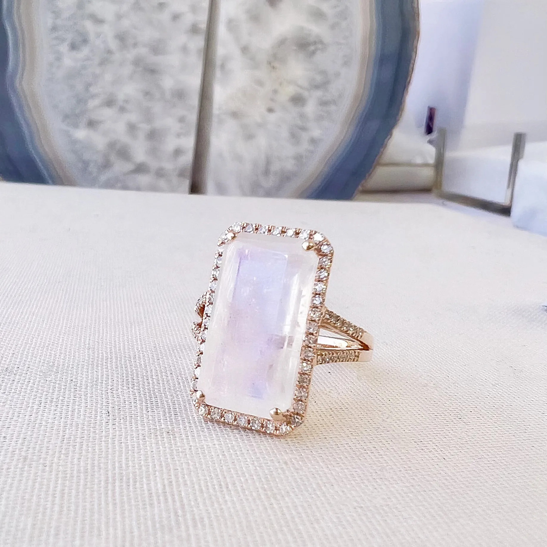 One of a Kind Emerald Cut Rainbow Moonstone Split Shank Ring