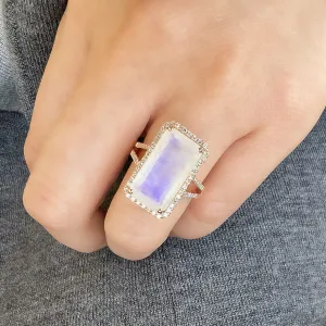 One of a Kind Emerald Cut Rainbow Moonstone Split Shank Ring