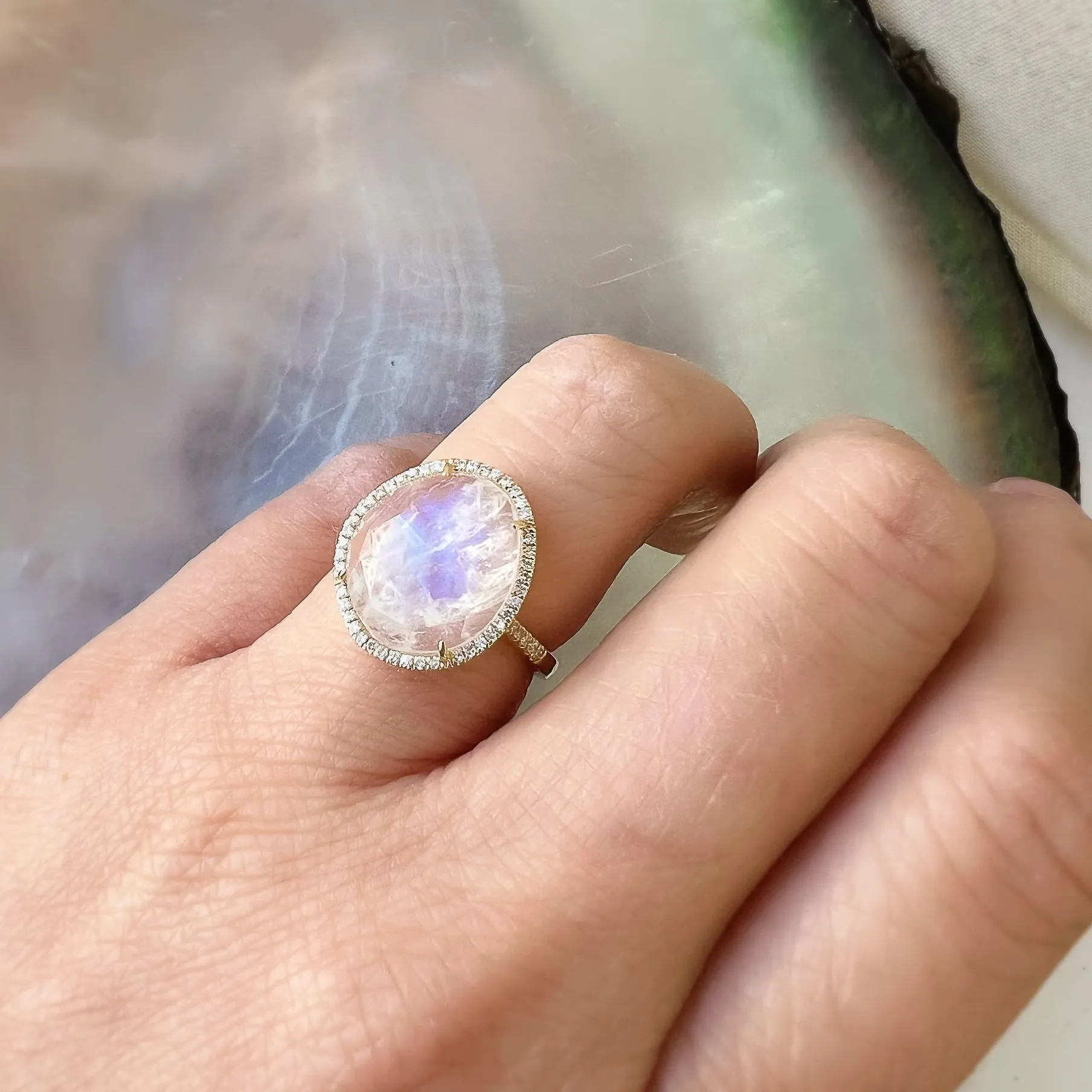 One of a Kind Organic Shaped Rainbow Moonstone Ring