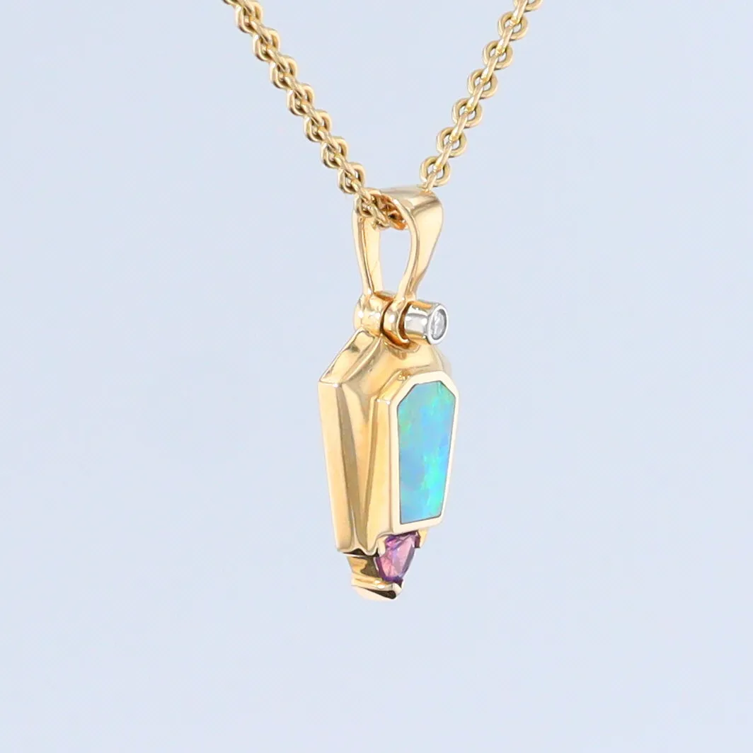 Opal Pendant Geometric Inlaid Trillion Cut Amethyst and .02ct Diamond