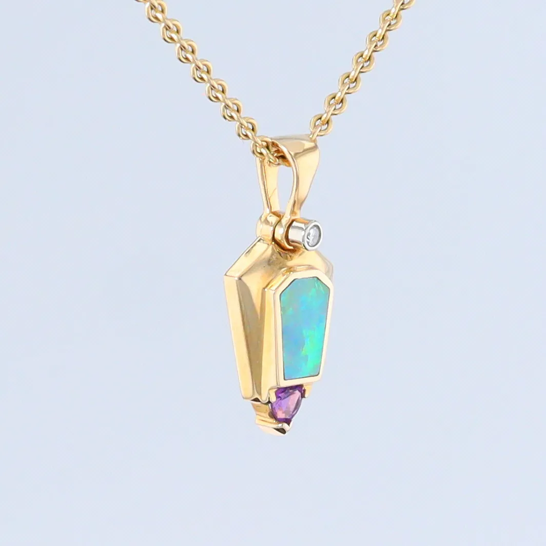 Opal Pendant Geometric Inlaid Trillion Cut Amethyst and .02ct Diamond