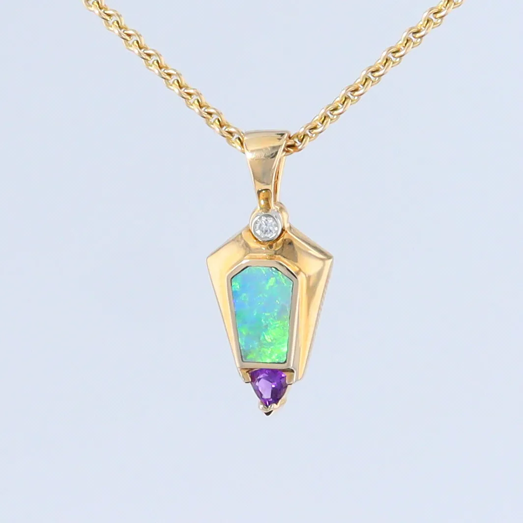 Opal Pendant Geometric Inlaid Trillion Cut Amethyst and .02ct Diamond