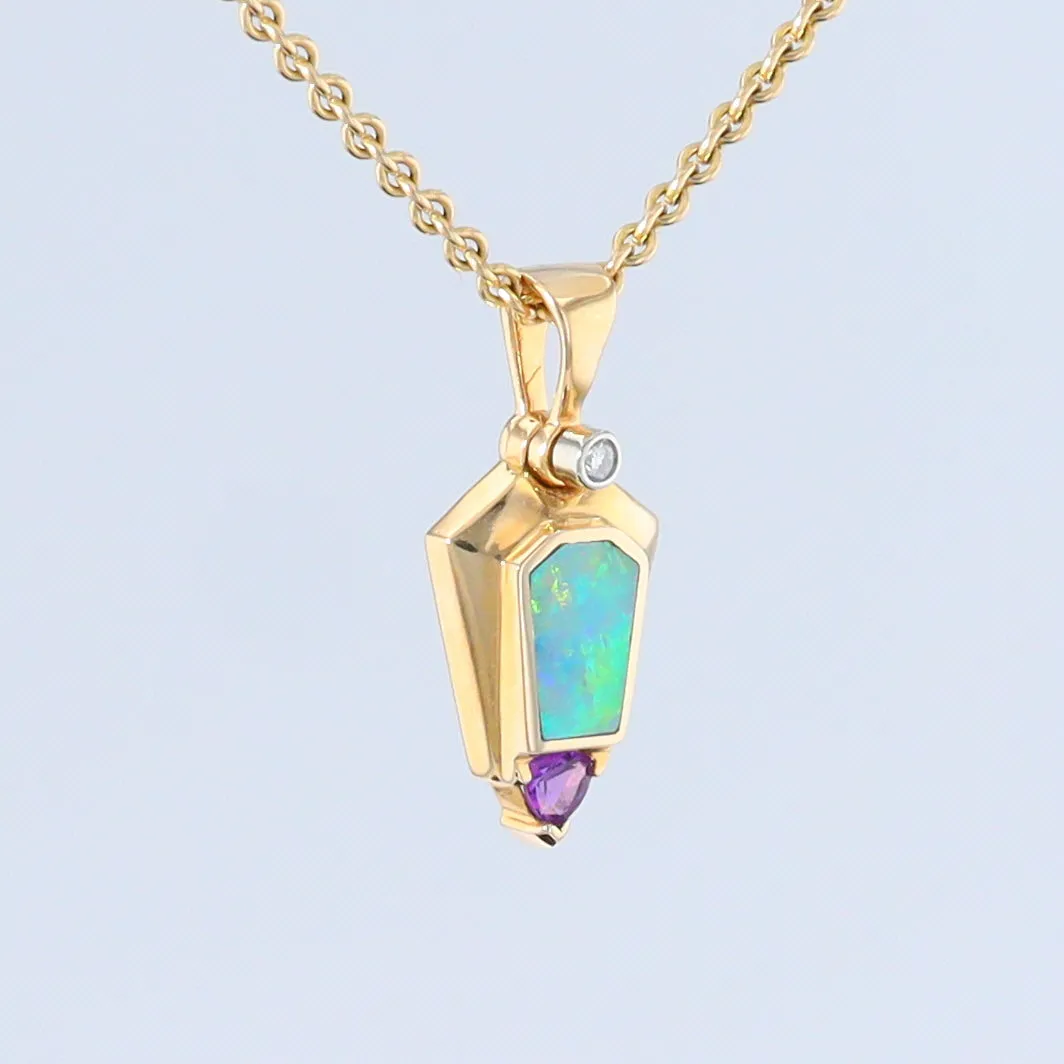 Opal Pendant Geometric Inlaid Trillion Cut Amethyst and .02ct Diamond