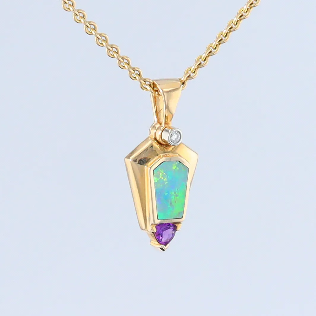 Opal Pendant Geometric Inlaid Trillion Cut Amethyst and .02ct Diamond