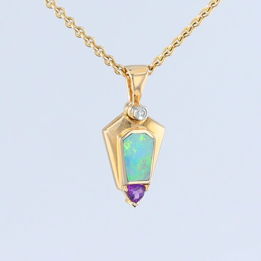 Opal Pendant Geometric Inlaid Trillion Cut Amethyst and .02ct Diamond