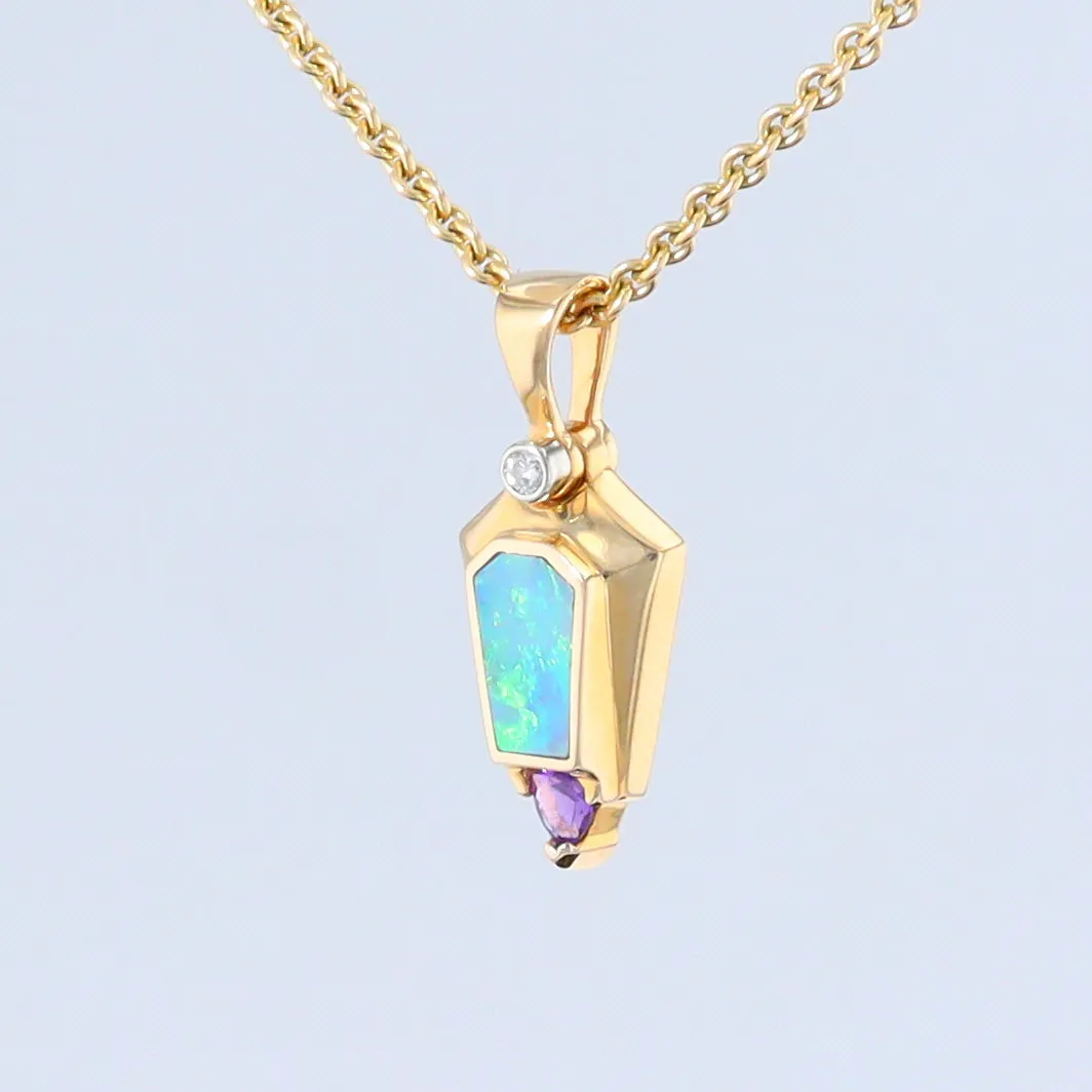 Opal Pendant Geometric Inlaid Trillion Cut Amethyst and .02ct Diamond