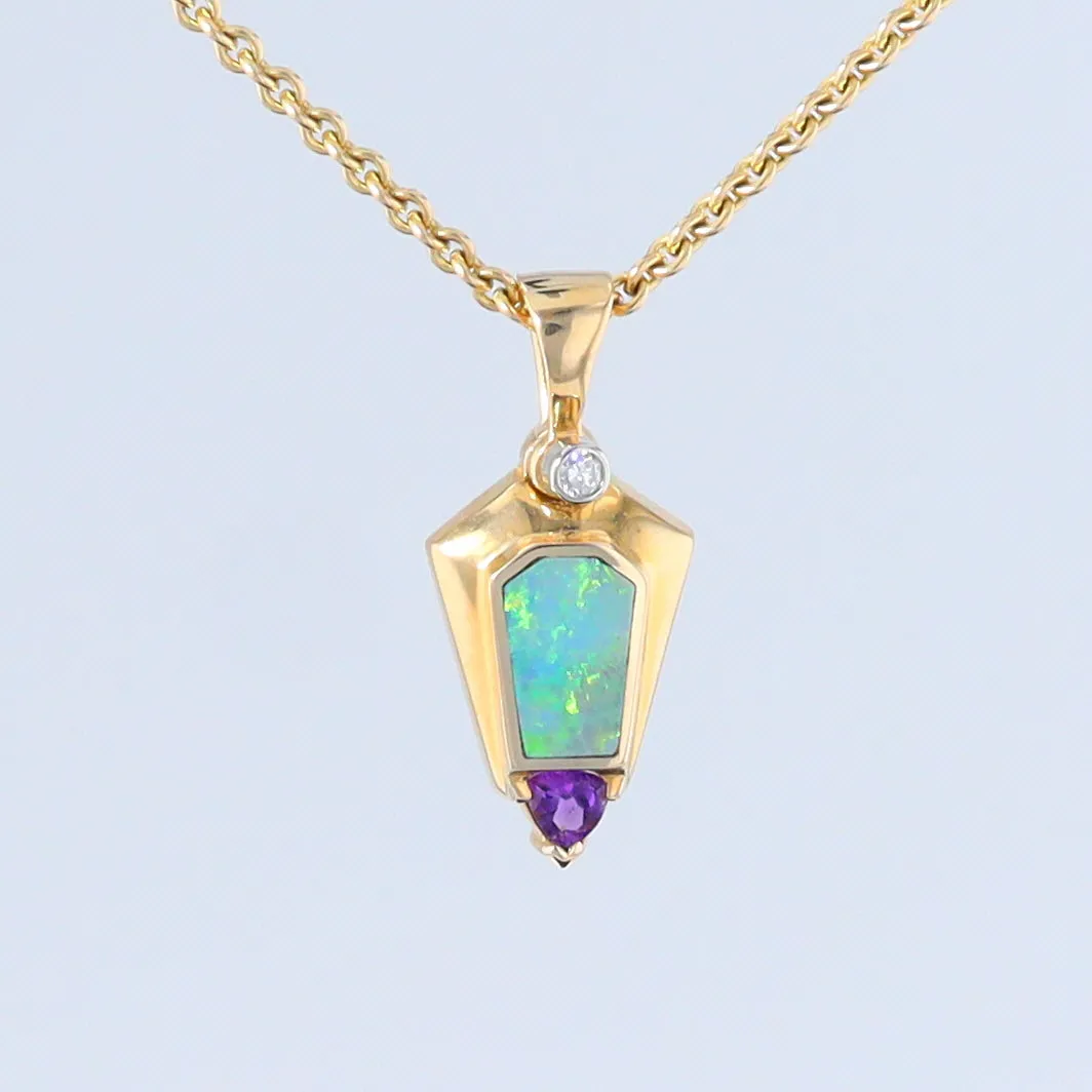 Opal Pendant Geometric Inlaid Trillion Cut Amethyst and .02ct Diamond