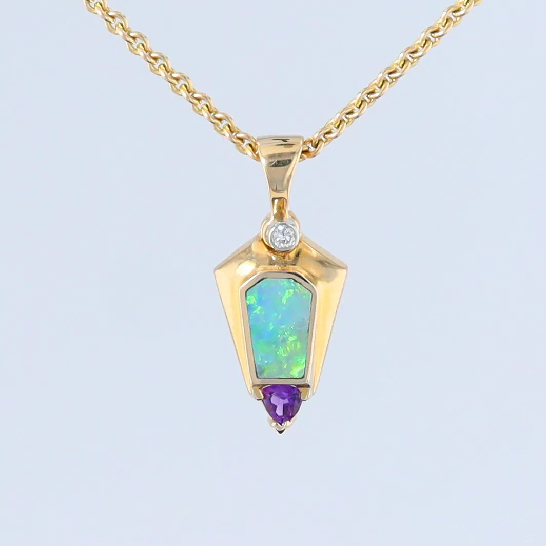 Opal Pendant Geometric Inlaid Trillion Cut Amethyst and .02ct Diamond