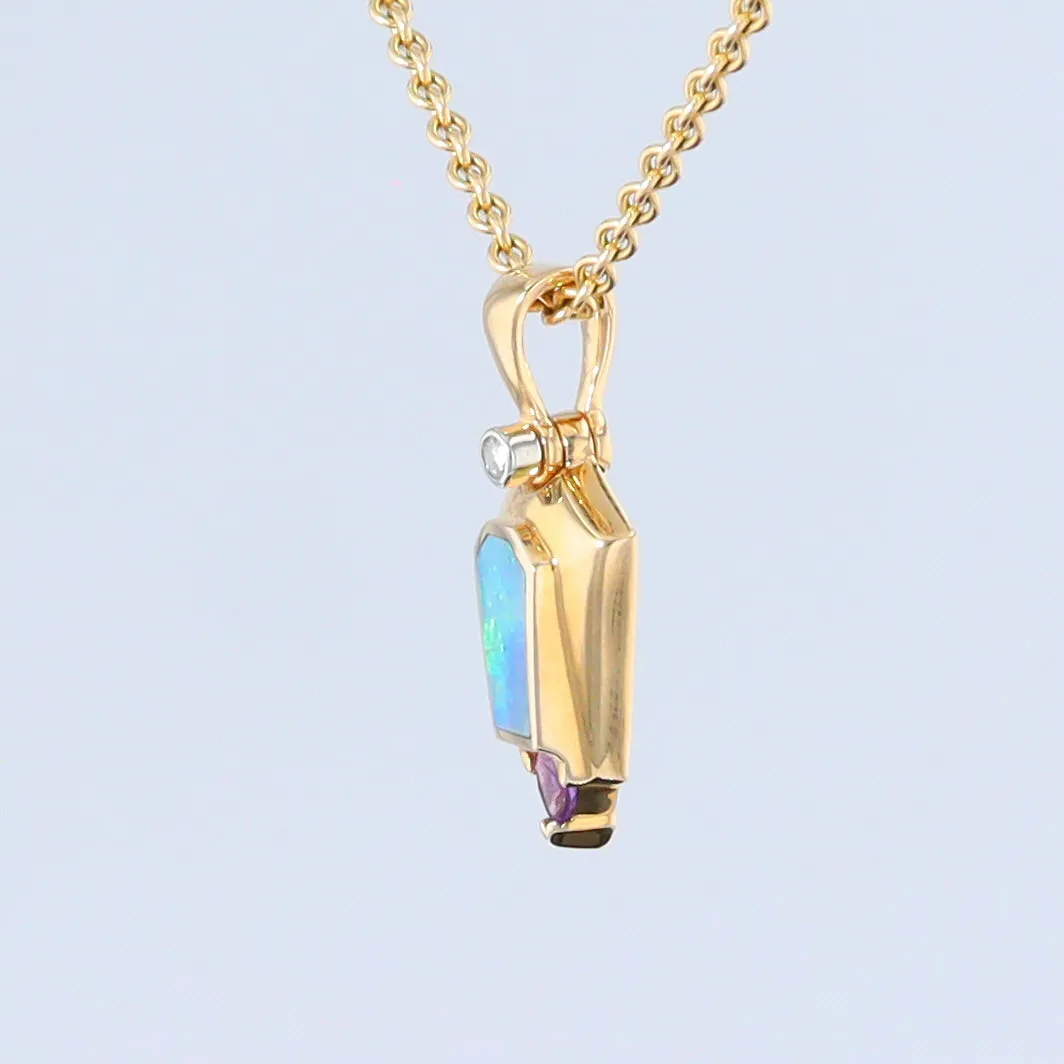 Opal Pendant Geometric Inlaid Trillion Cut Amethyst and .02ct Diamond