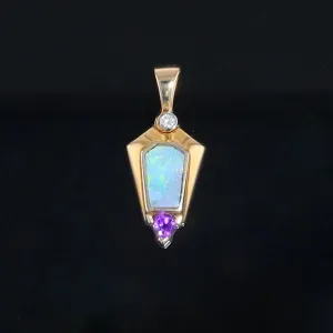 Opal Pendant Geometric Inlaid Trillion Cut Amethyst and .02ct Diamond