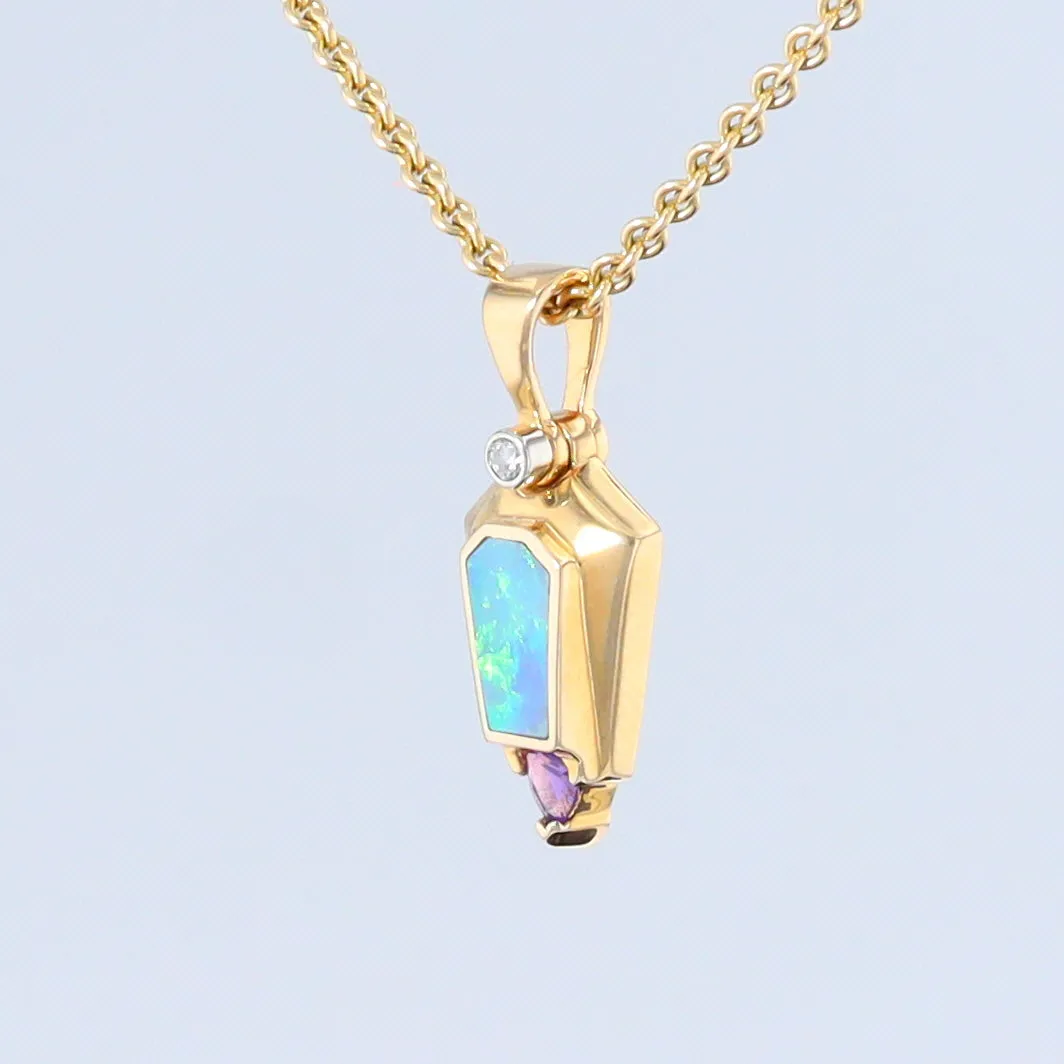 Opal Pendant Geometric Inlaid Trillion Cut Amethyst and .02ct Diamond