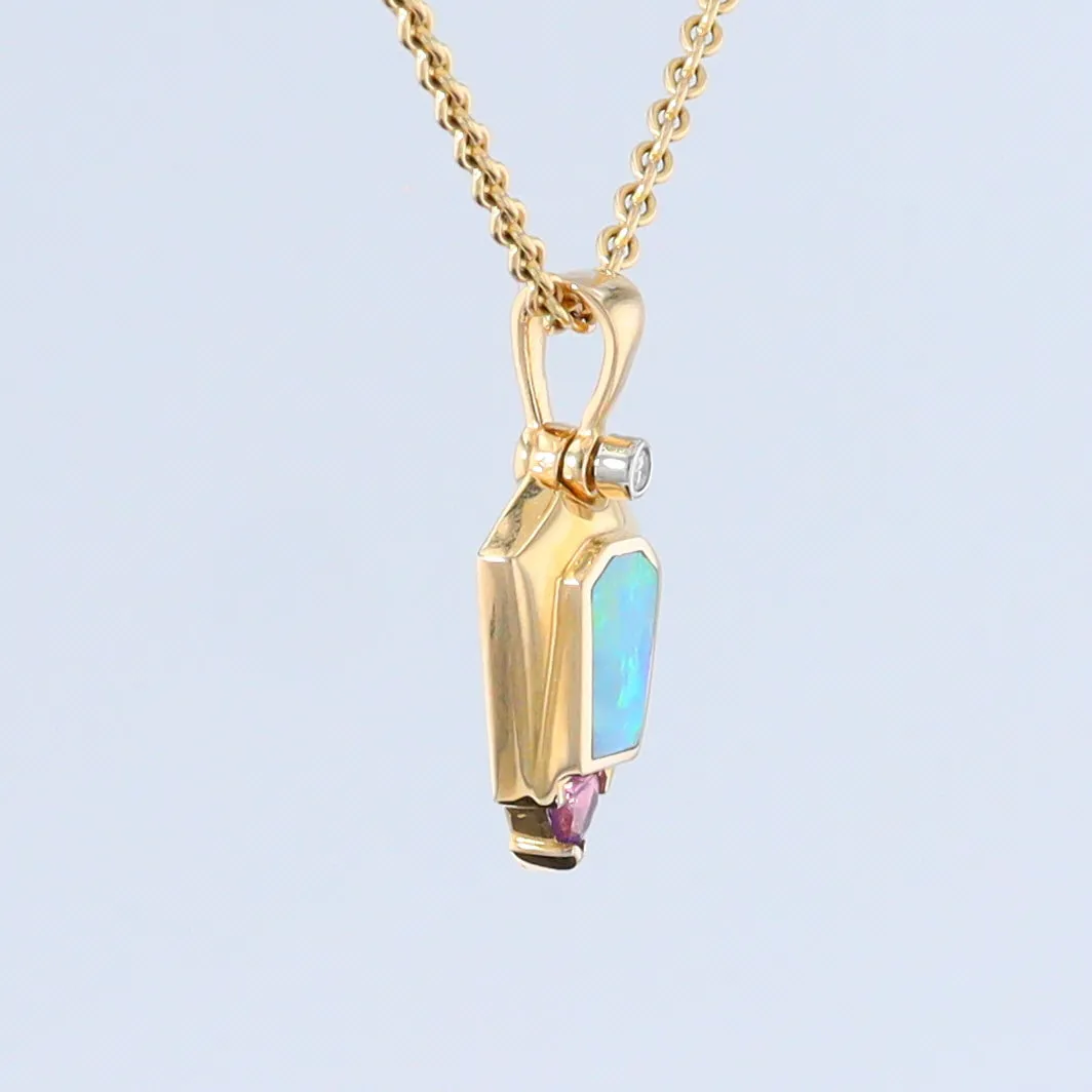 Opal Pendant Geometric Inlaid Trillion Cut Amethyst and .02ct Diamond