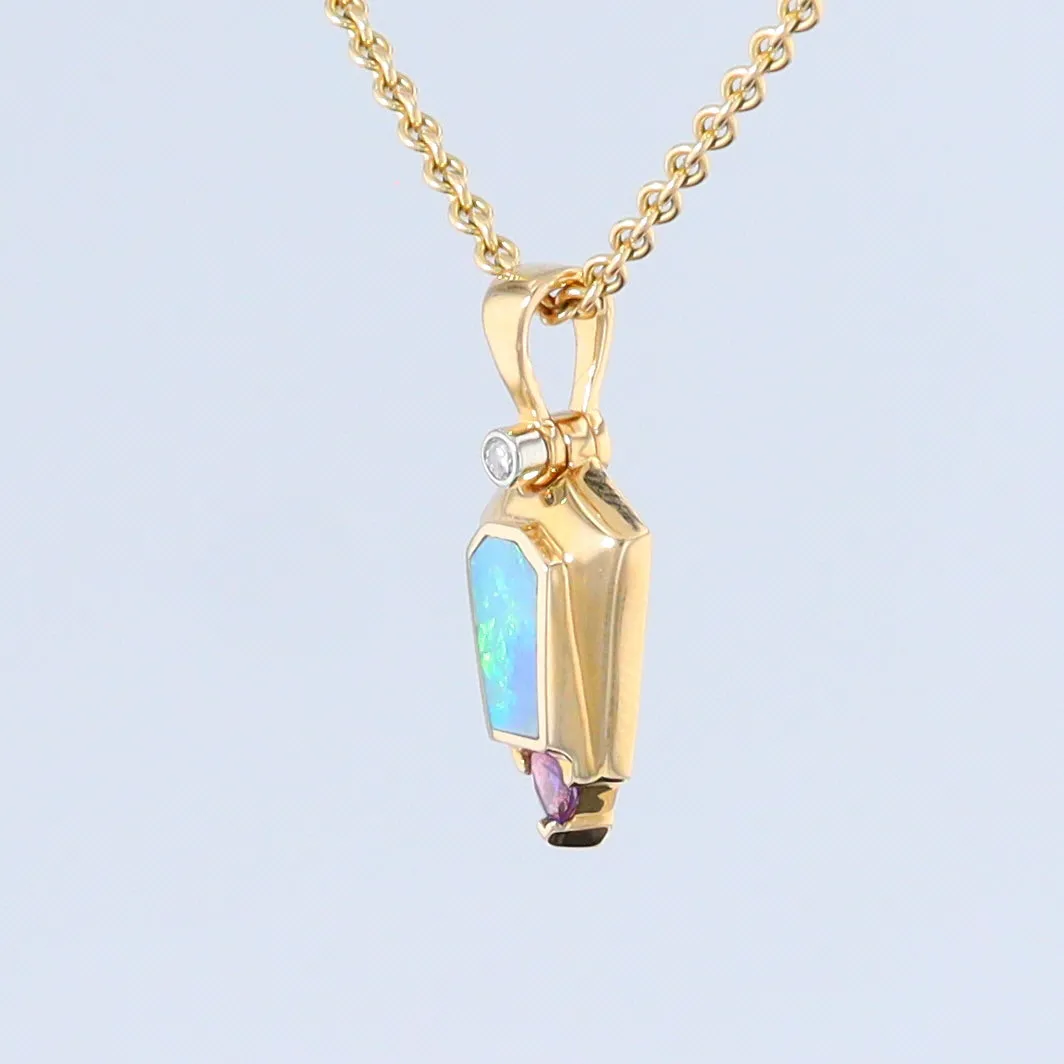 Opal Pendant Geometric Inlaid Trillion Cut Amethyst and .02ct Diamond