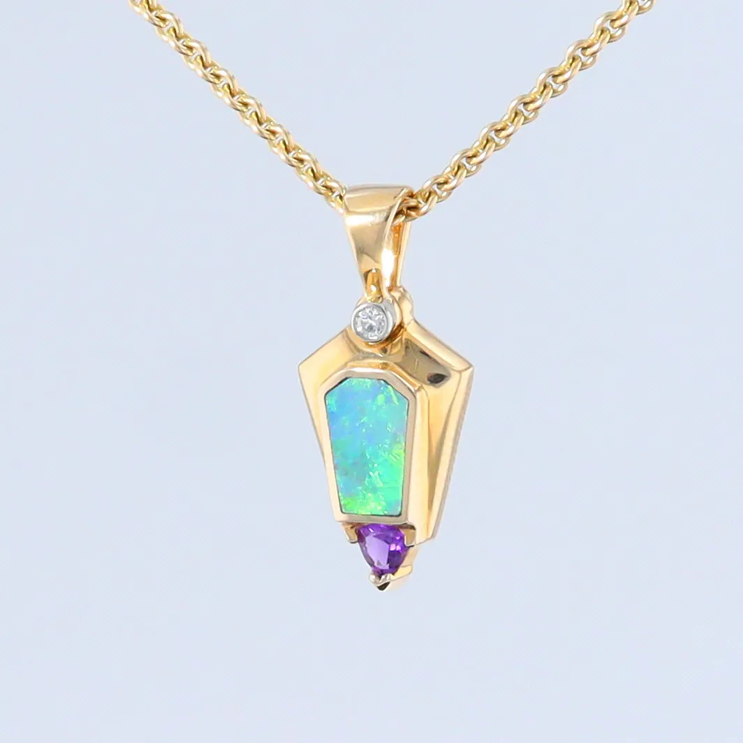 Opal Pendant Geometric Inlaid Trillion Cut Amethyst and .02ct Diamond