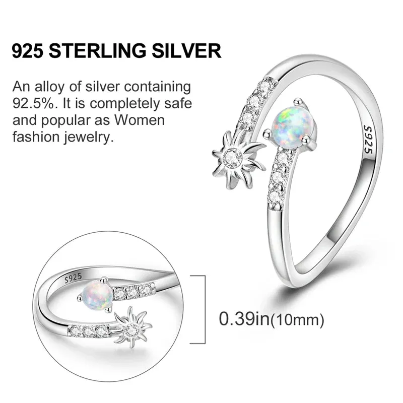 Original S925 Sterling Silver Sun Opal Open Ring Fit Wedding Announcement Birthday Charm Gift Fashion Wear Women's Boutique Ring