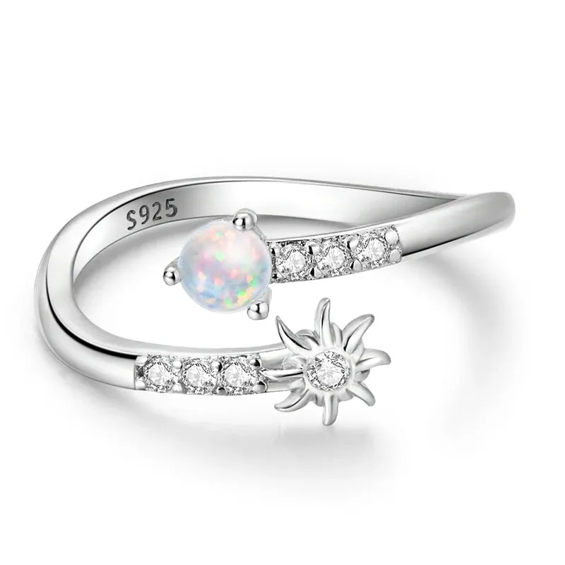 Original S925 Sterling Silver Sun Opal Open Ring Fit Wedding Announcement Birthday Charm Gift Fashion Wear Women's Boutique Ring