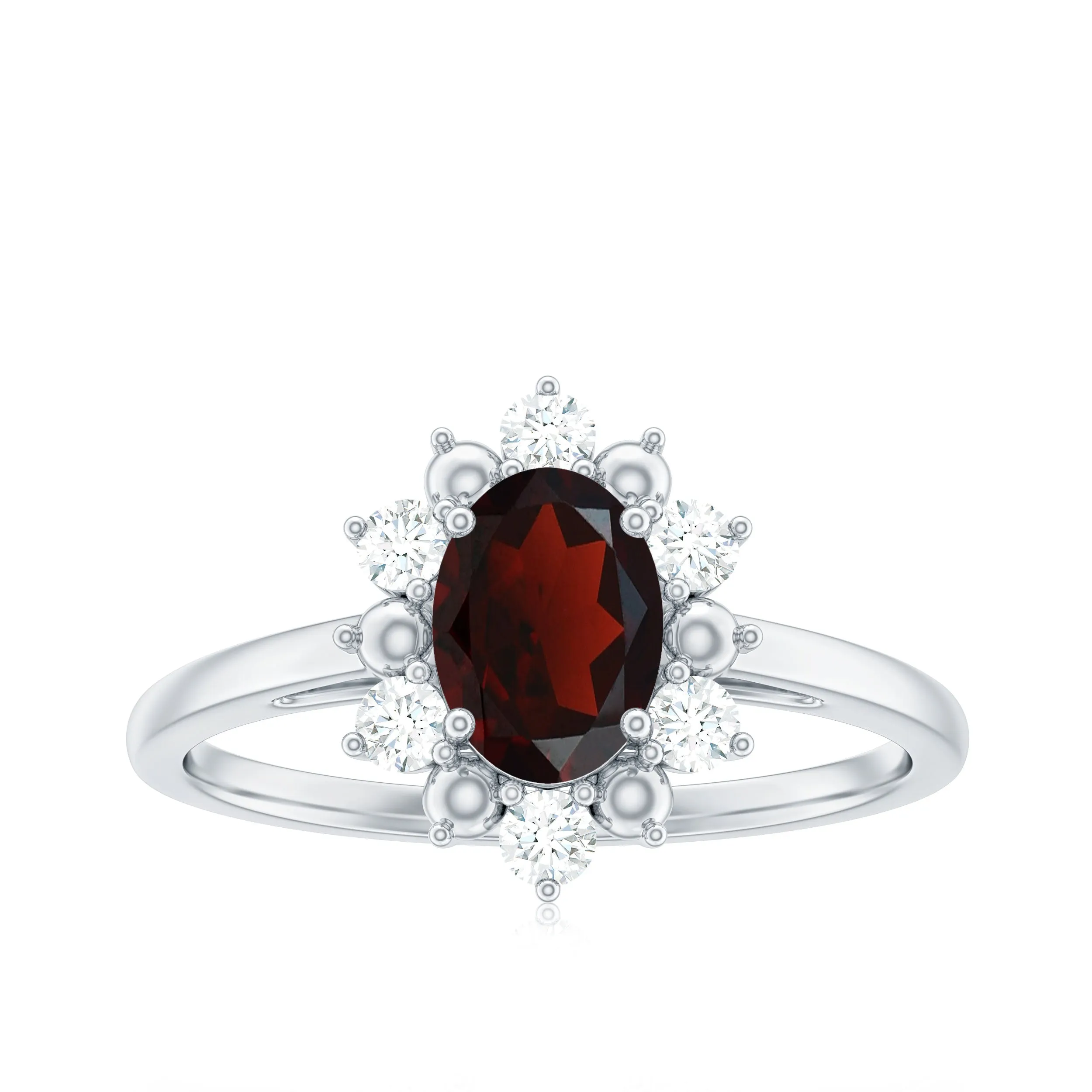 Oval Garnet Floral Halo Engagement Ring with Diamond