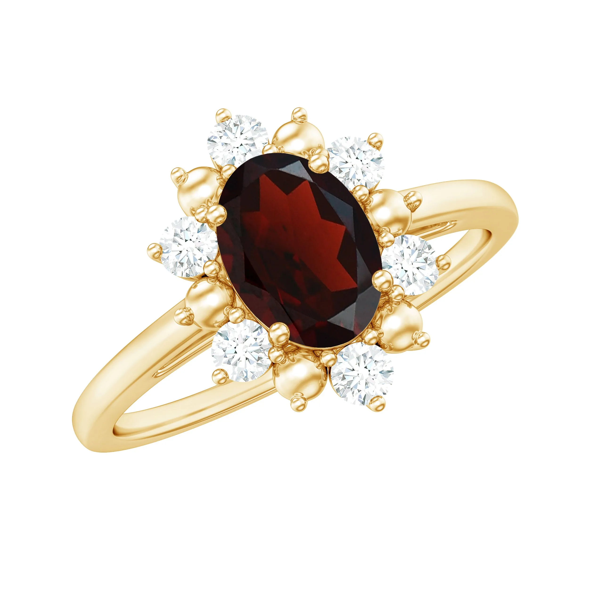 Oval Garnet Floral Halo Engagement Ring with Diamond