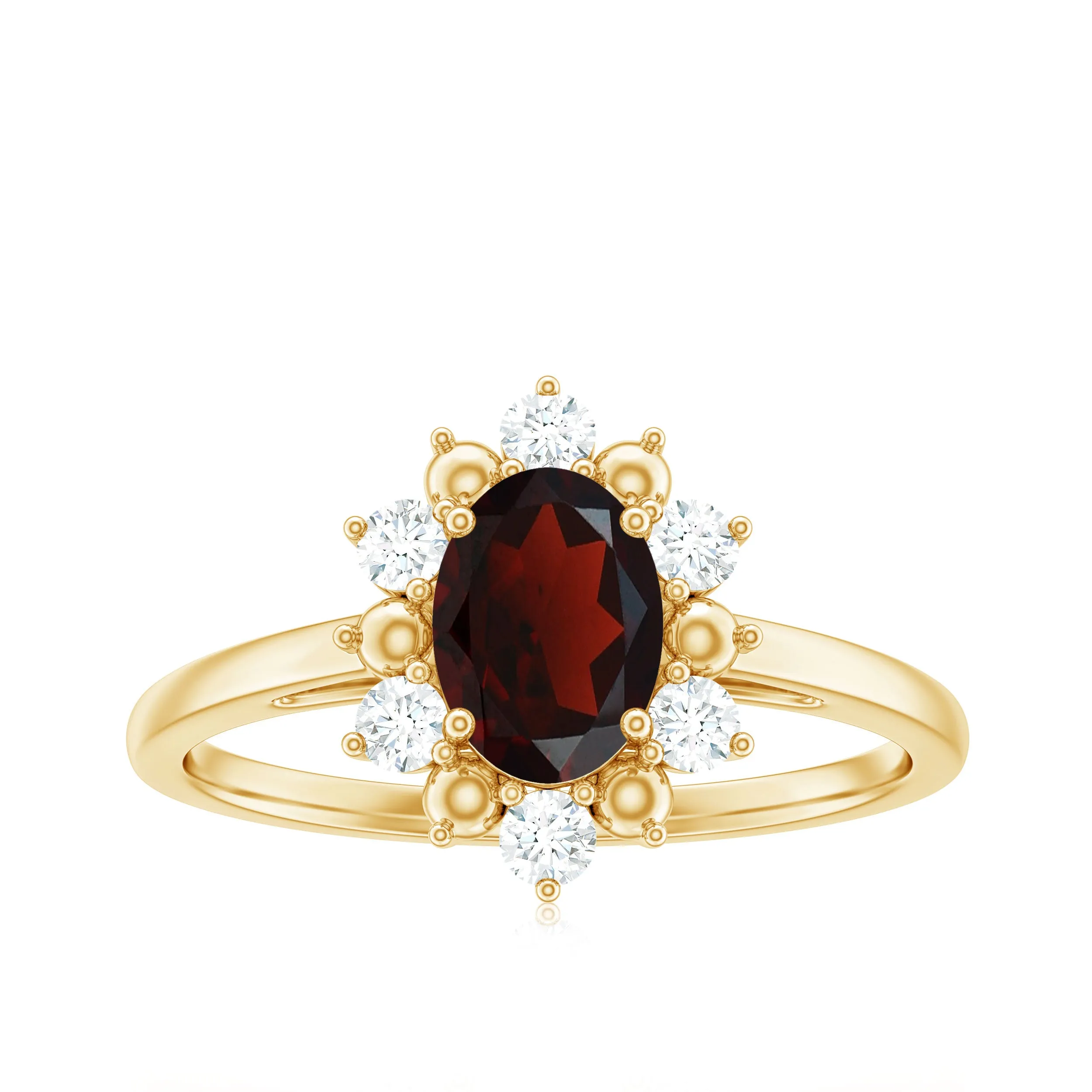 Oval Garnet Floral Halo Engagement Ring with Diamond