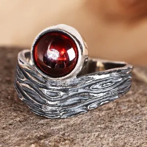 Oxidized Finish Sterling Silver and Garnet Cocktail Ring - Crimson River | NOVICA