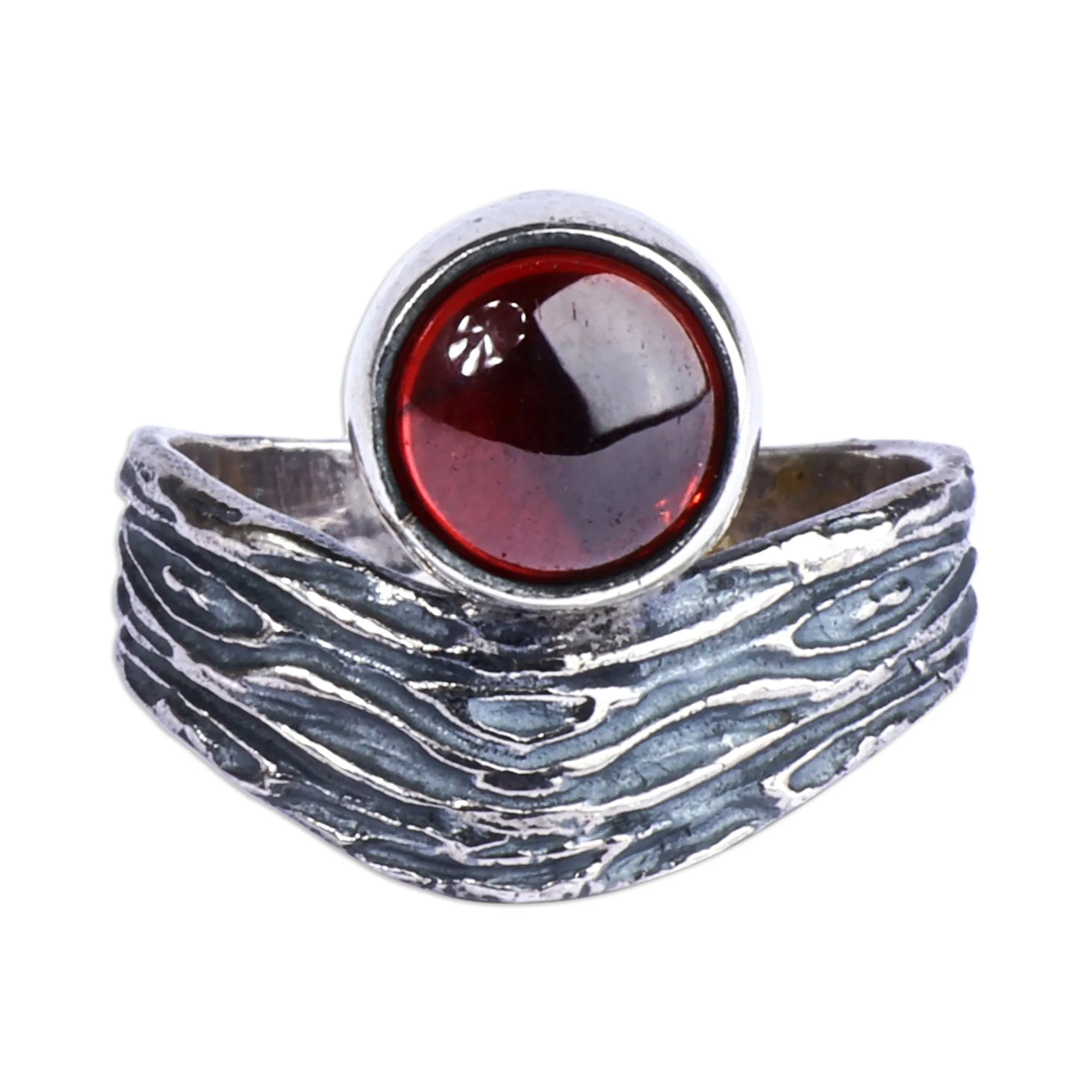 Oxidized Finish Sterling Silver and Garnet Cocktail Ring - Crimson River | NOVICA