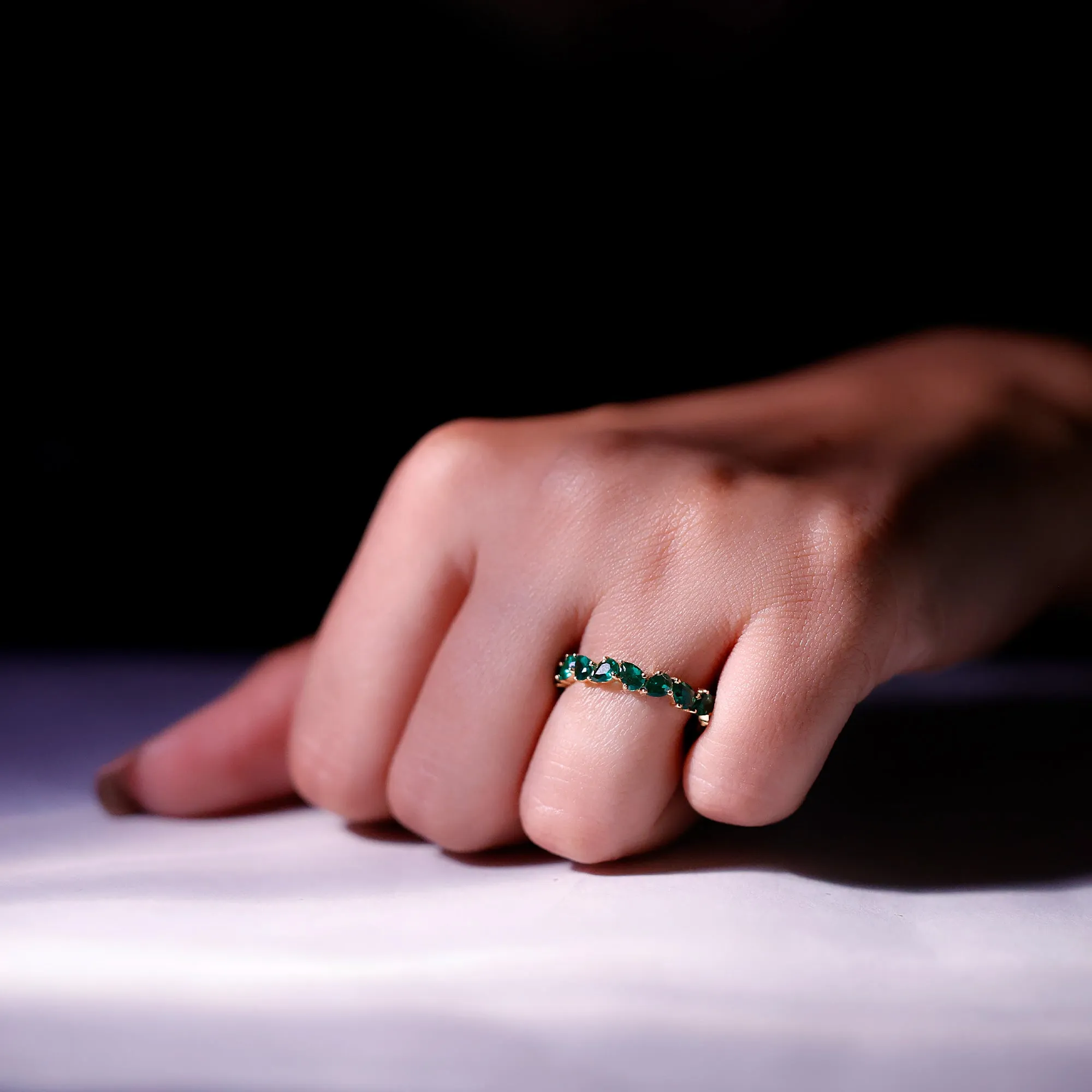 Pear Cut Lab Grown Emerald Full Eternity Band Ring