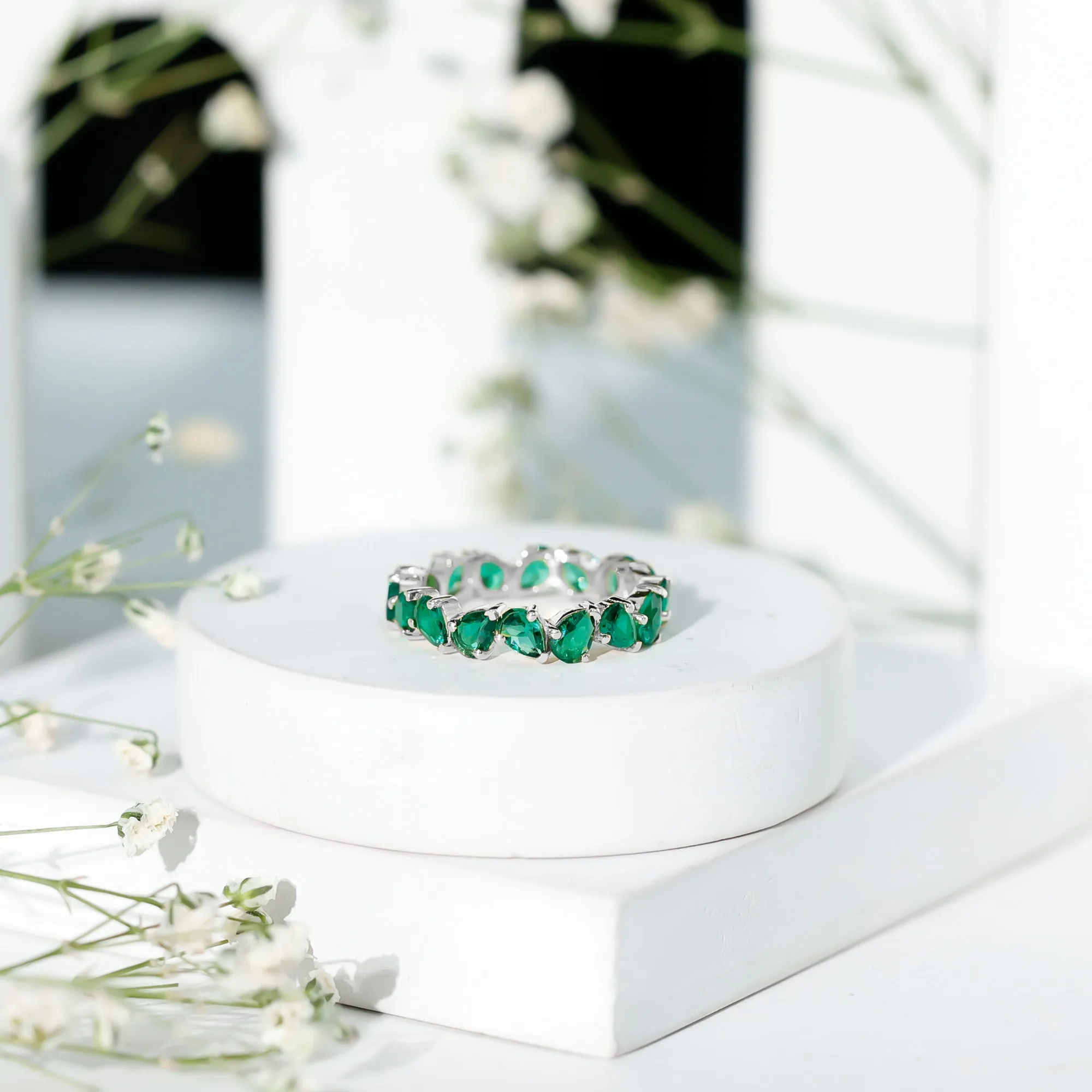 Pear Cut Lab Grown Emerald Full Eternity Band Ring