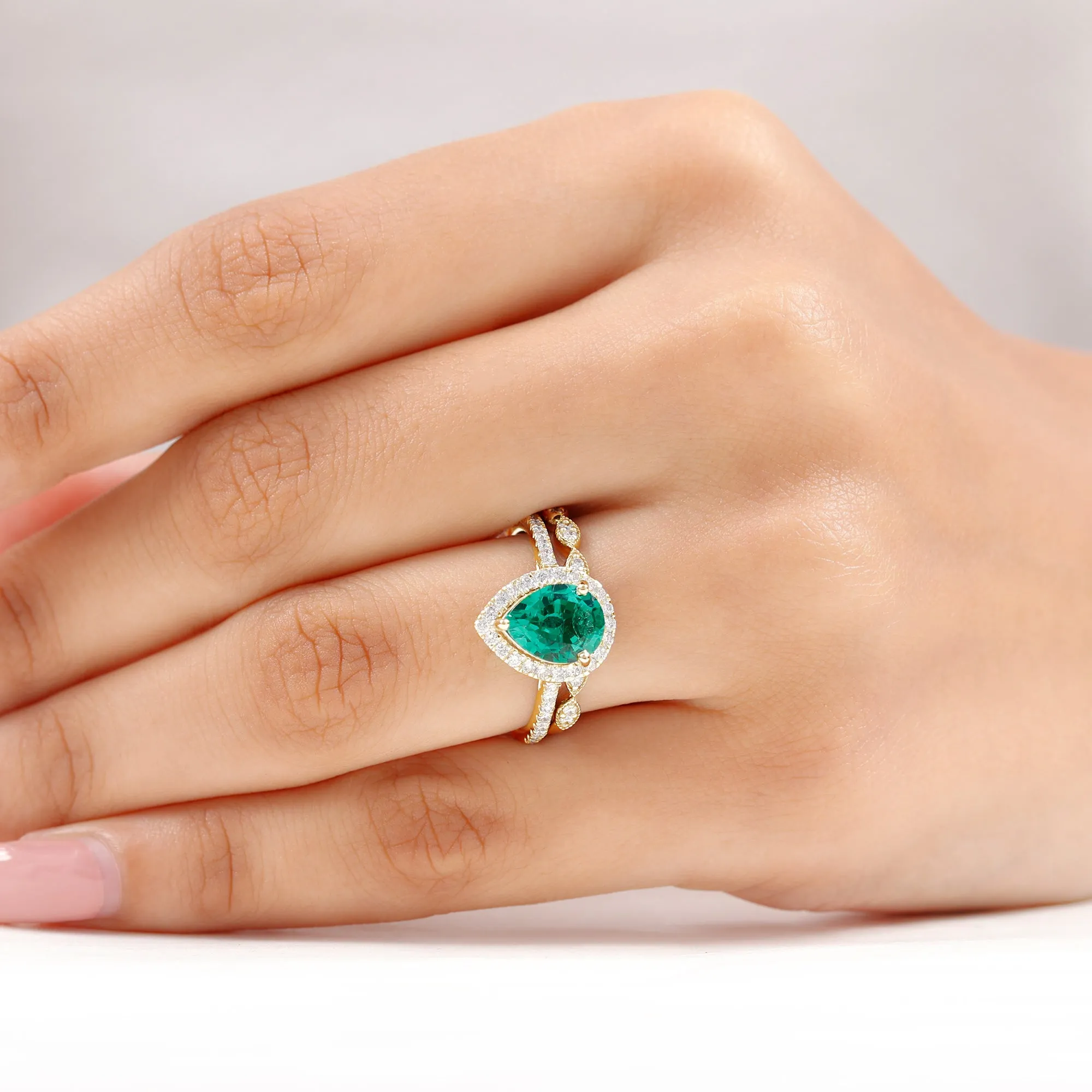 Pear Shape Created Emerald and Diamond Designer Wedding Ring Set