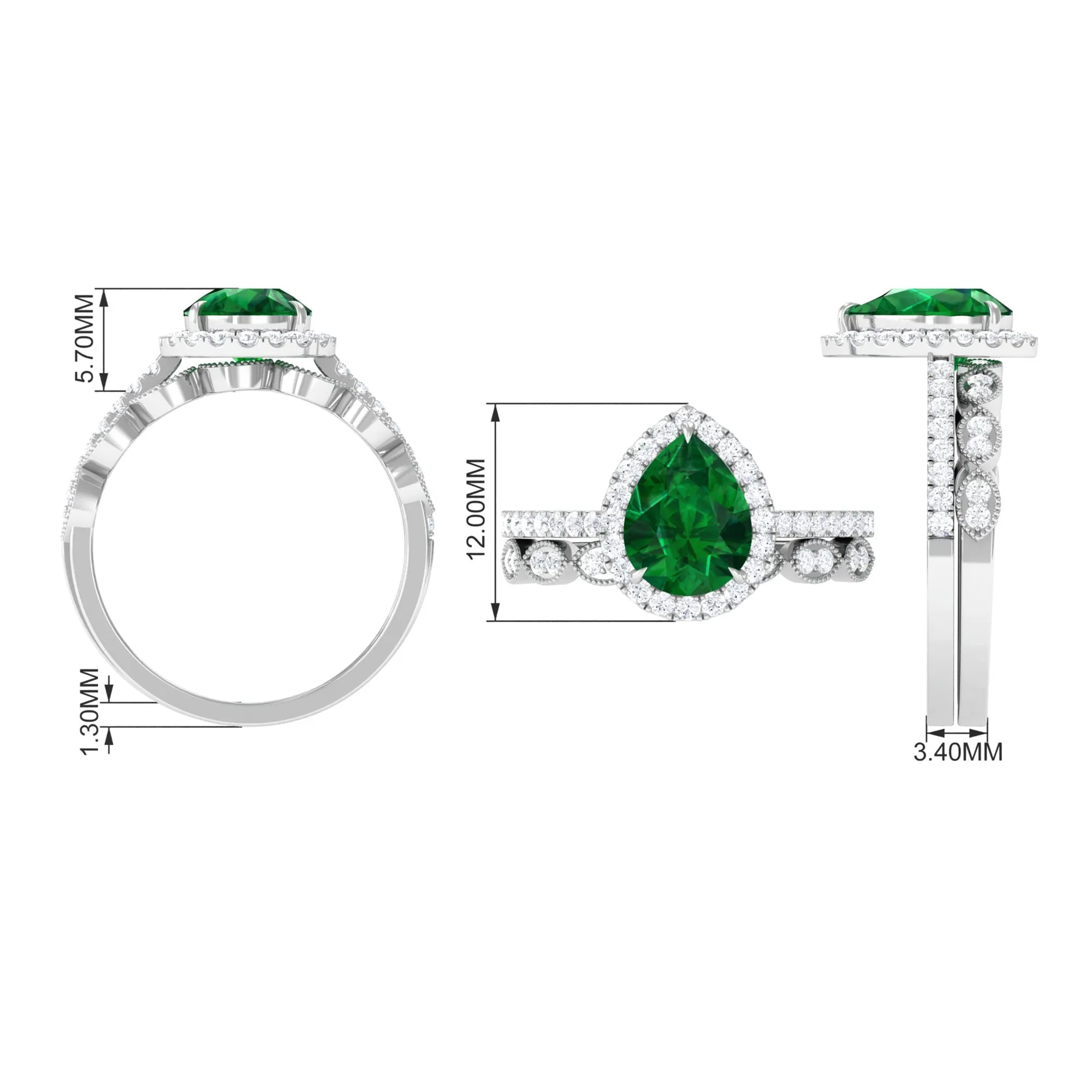 Pear Shape Created Emerald and Diamond Designer Wedding Ring Set