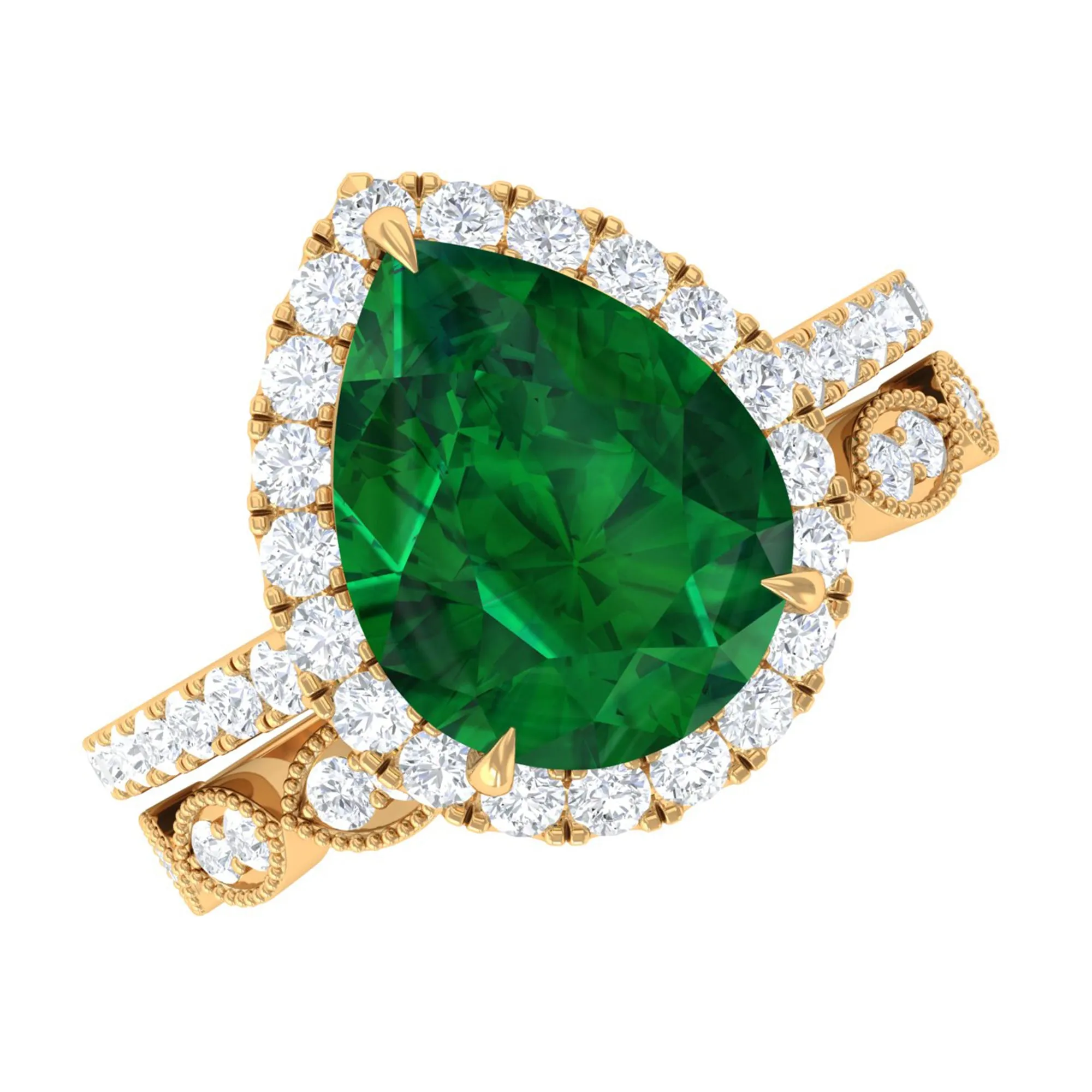 Pear Shape Created Emerald and Diamond Designer Wedding Ring Set