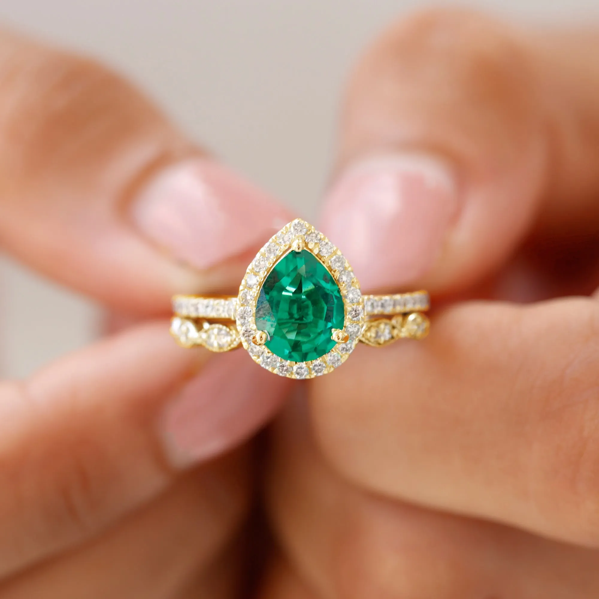 Pear Shape Created Emerald and Diamond Designer Wedding Ring Set