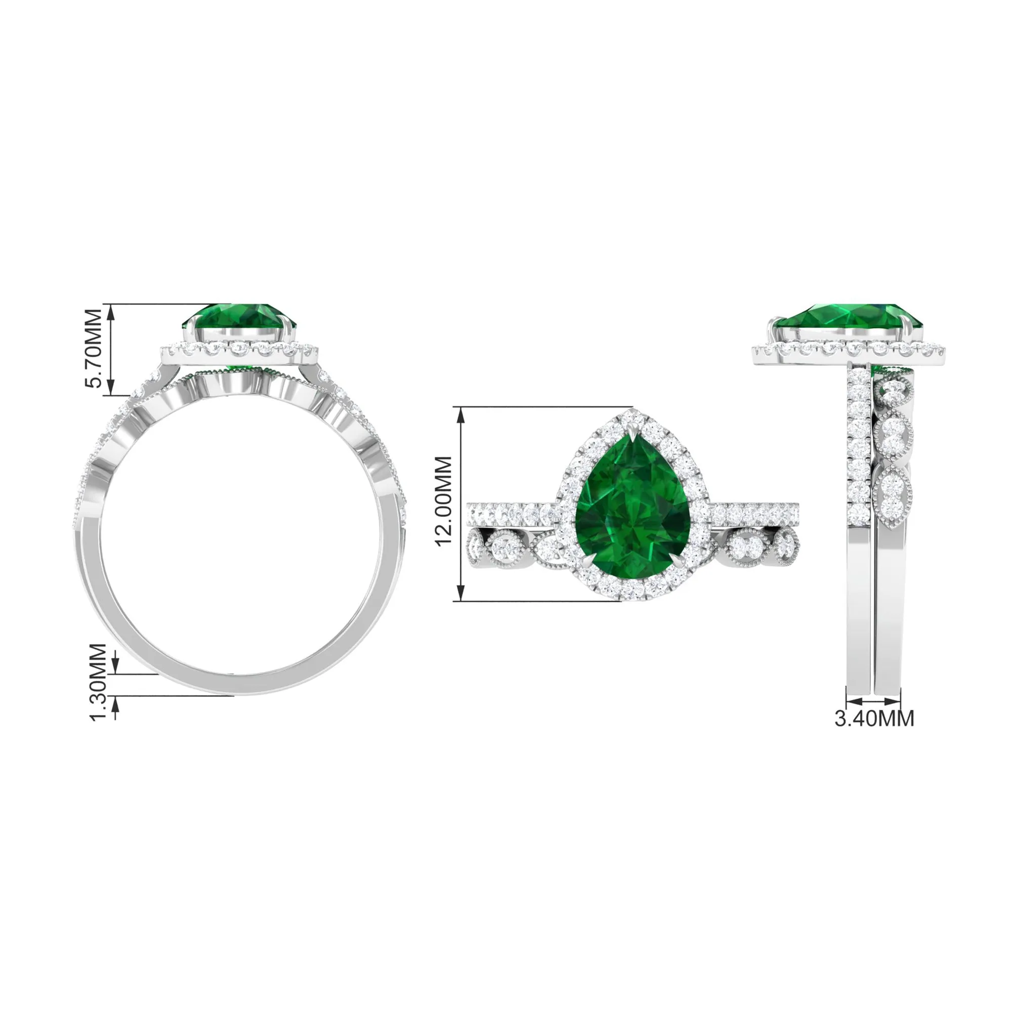 Pear Shape Created Emerald and Diamond Designer Wedding Ring Set