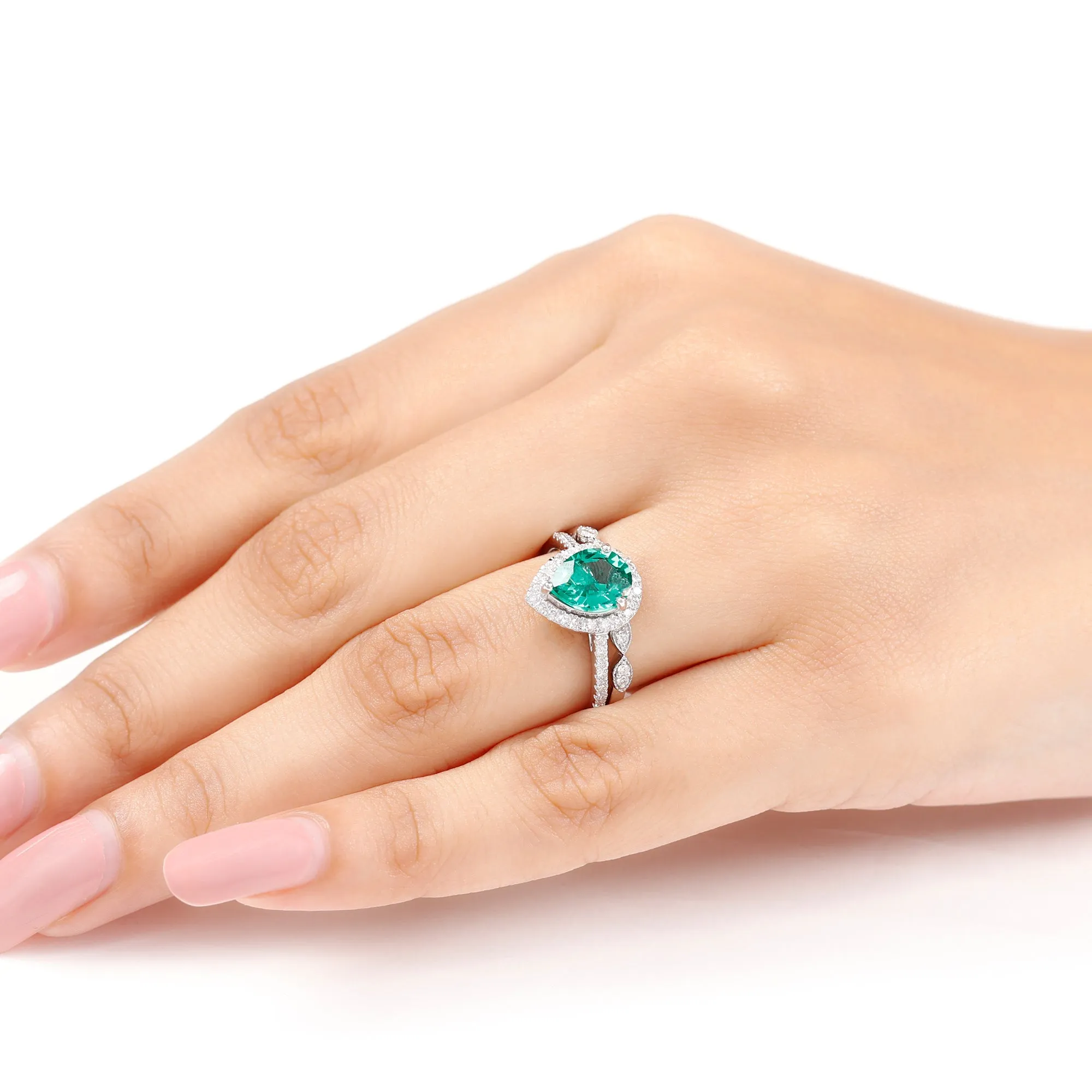 Pear Shape Created Emerald and Diamond Designer Wedding Ring Set