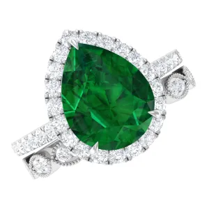 Pear Shape Created Emerald and Diamond Designer Wedding Ring Set