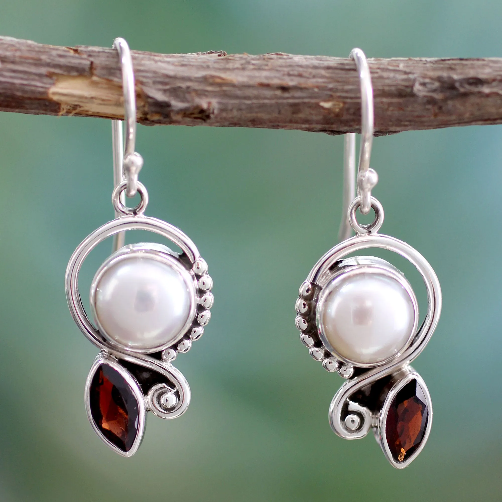 Pearl Garnet Earrings in Sterling Silver Jewelry - Sublime Romance | NOVICA