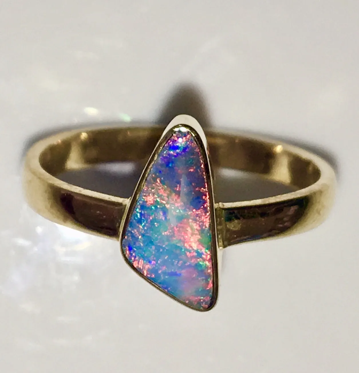 Pink Multi Coloured solid  boulder opal from Quilpie , 10K Ring