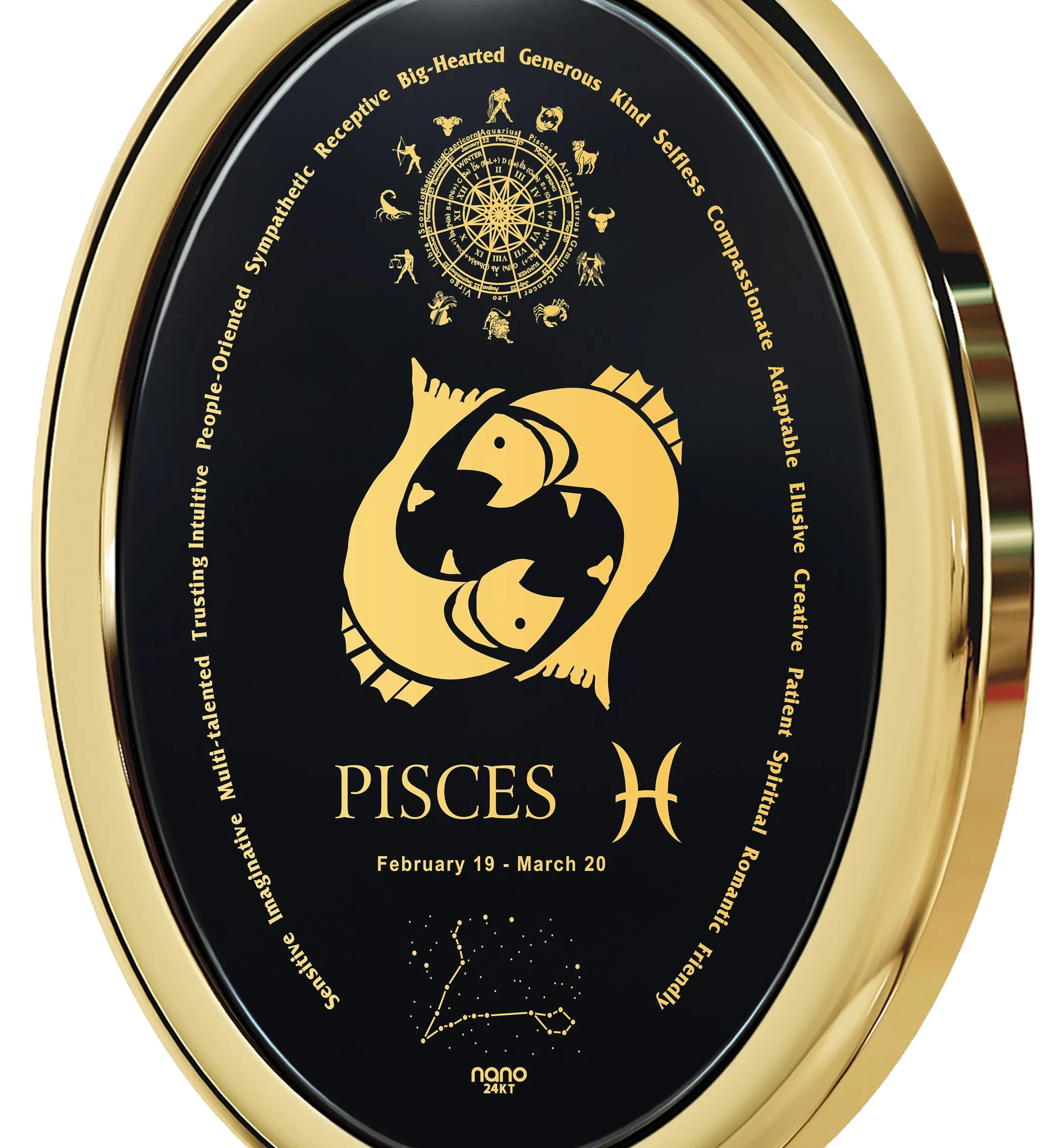 Pisces Necklace Zodiac Pendant 24k Gold Inscribed on Onyx Stone