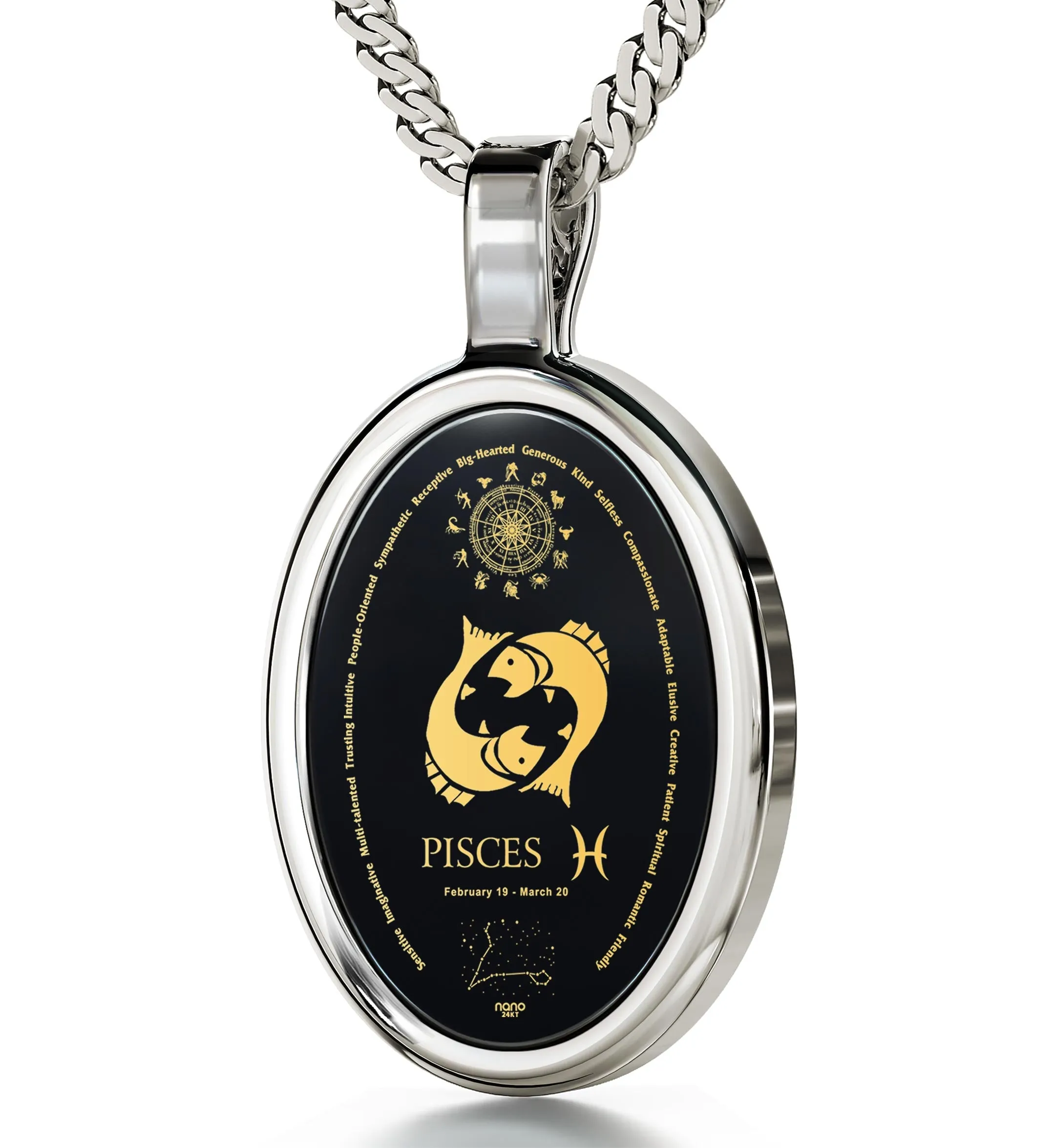 Pisces Necklace Zodiac Pendant 24k Gold Inscribed on Onyx Stone