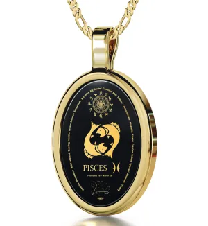 Pisces Necklace Zodiac Pendant 24k Gold Inscribed on Onyx Stone