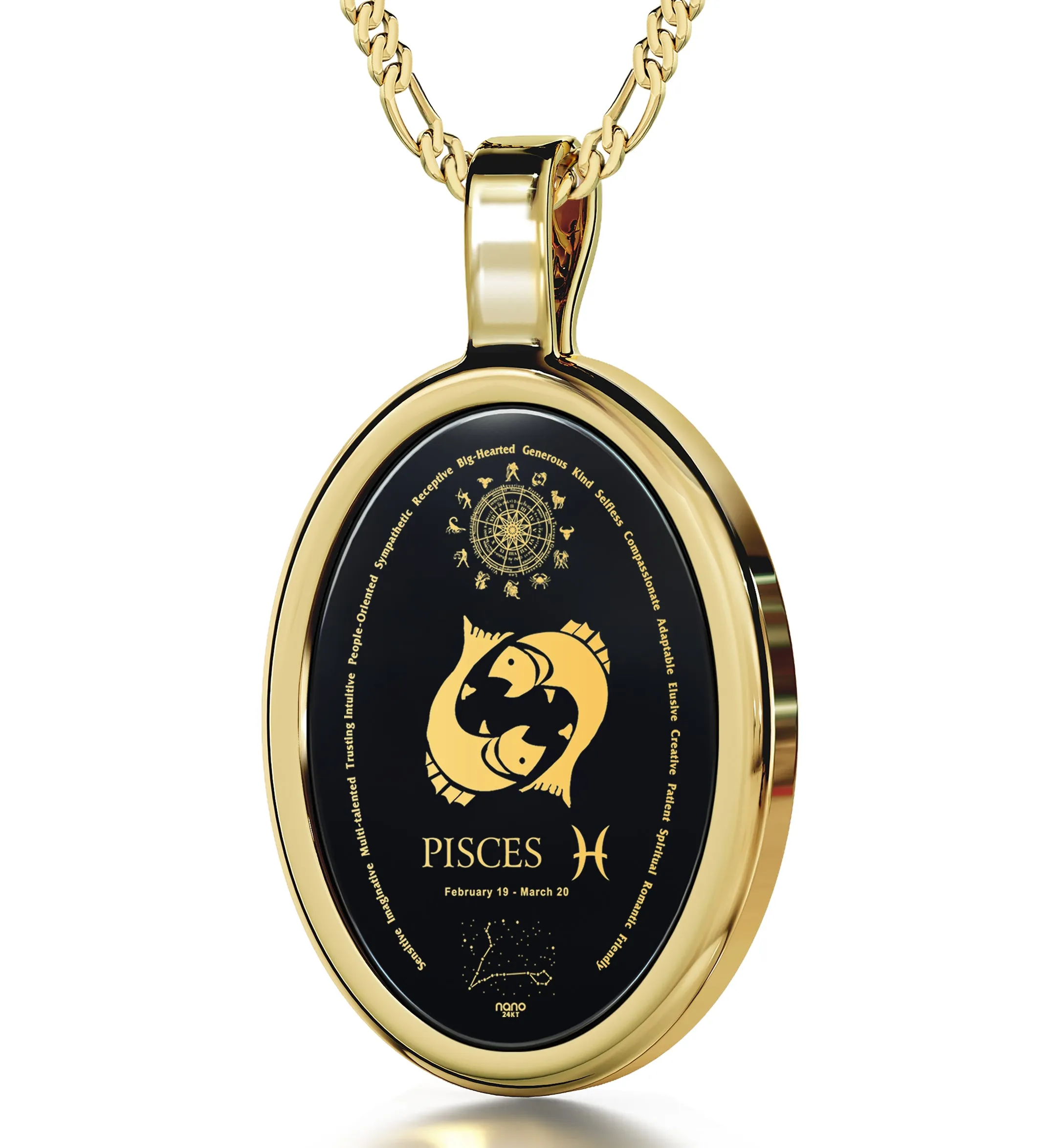 Pisces Necklace Zodiac Pendant 24k Gold Inscribed on Onyx Stone