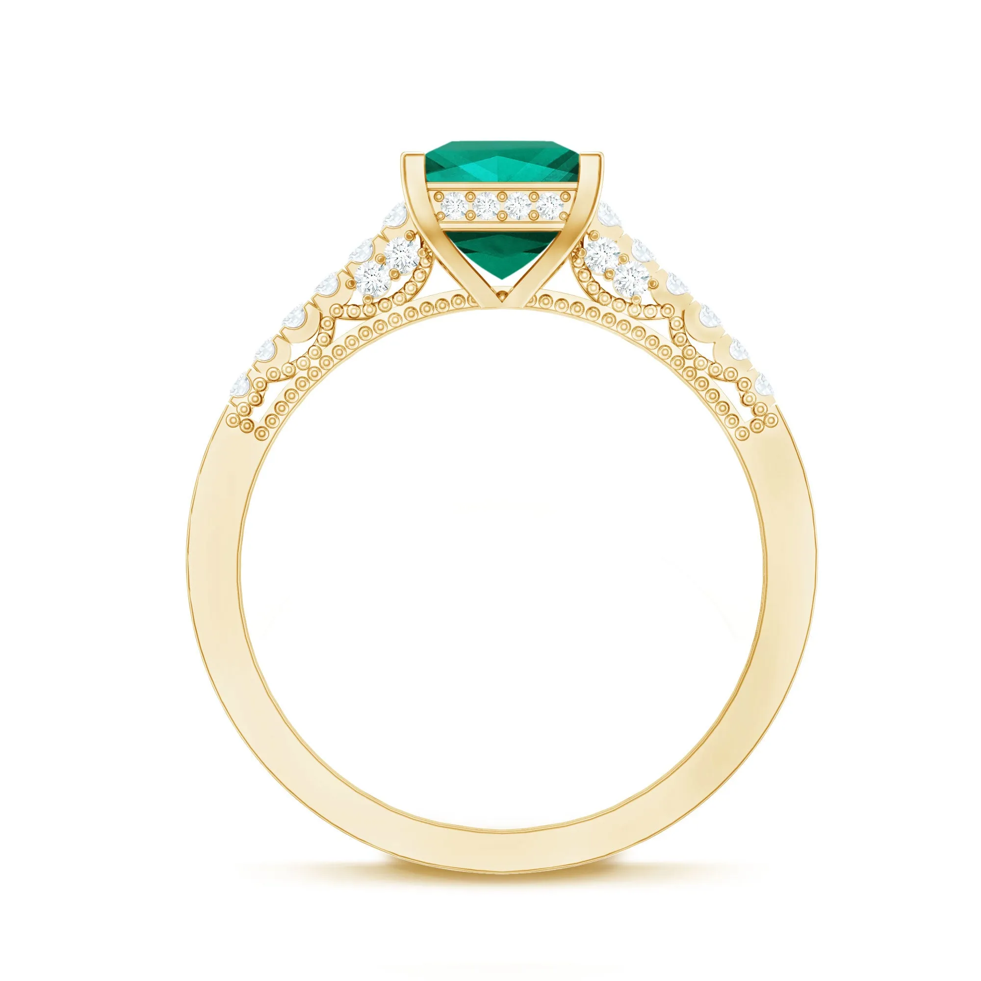 Princess Cut Emerald Milgrain Band Ring with Diamond Side Stones