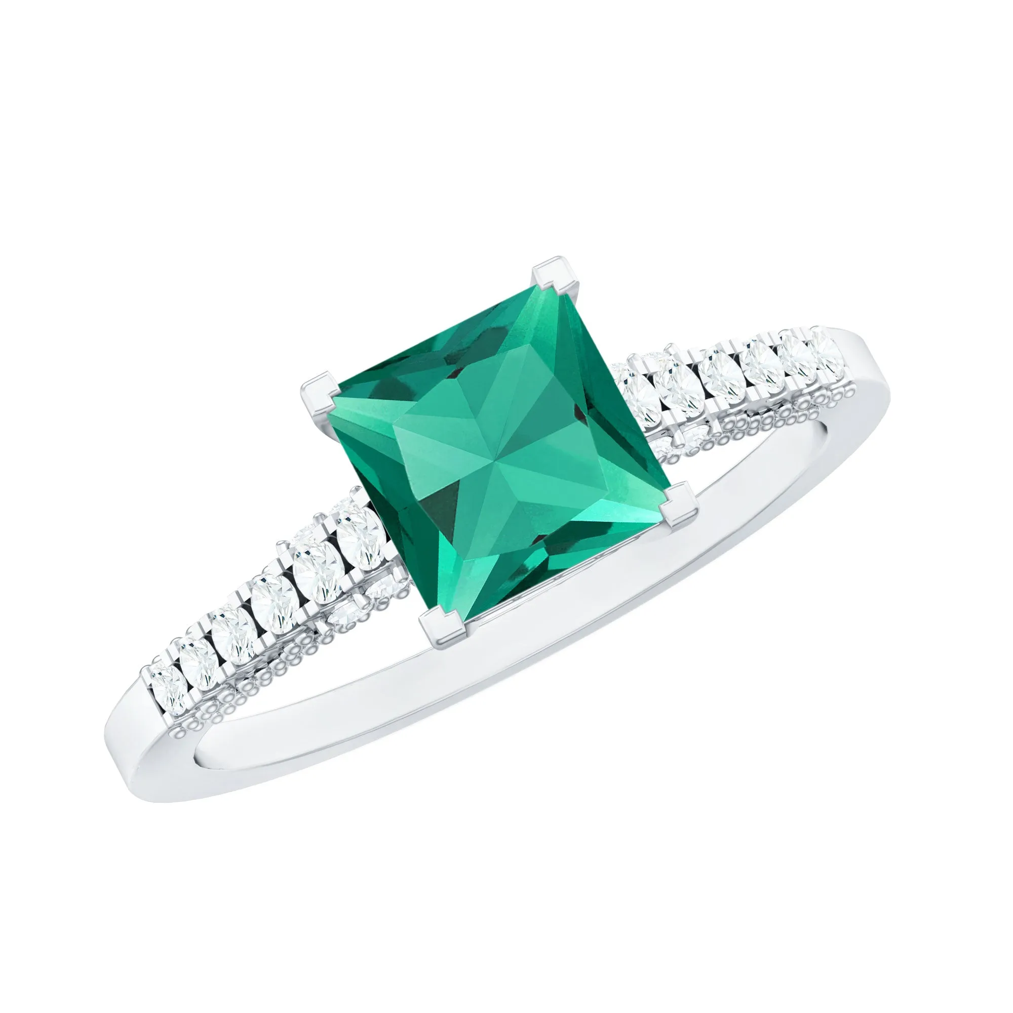 Princess Cut Emerald Milgrain Band Ring with Diamond Side Stones