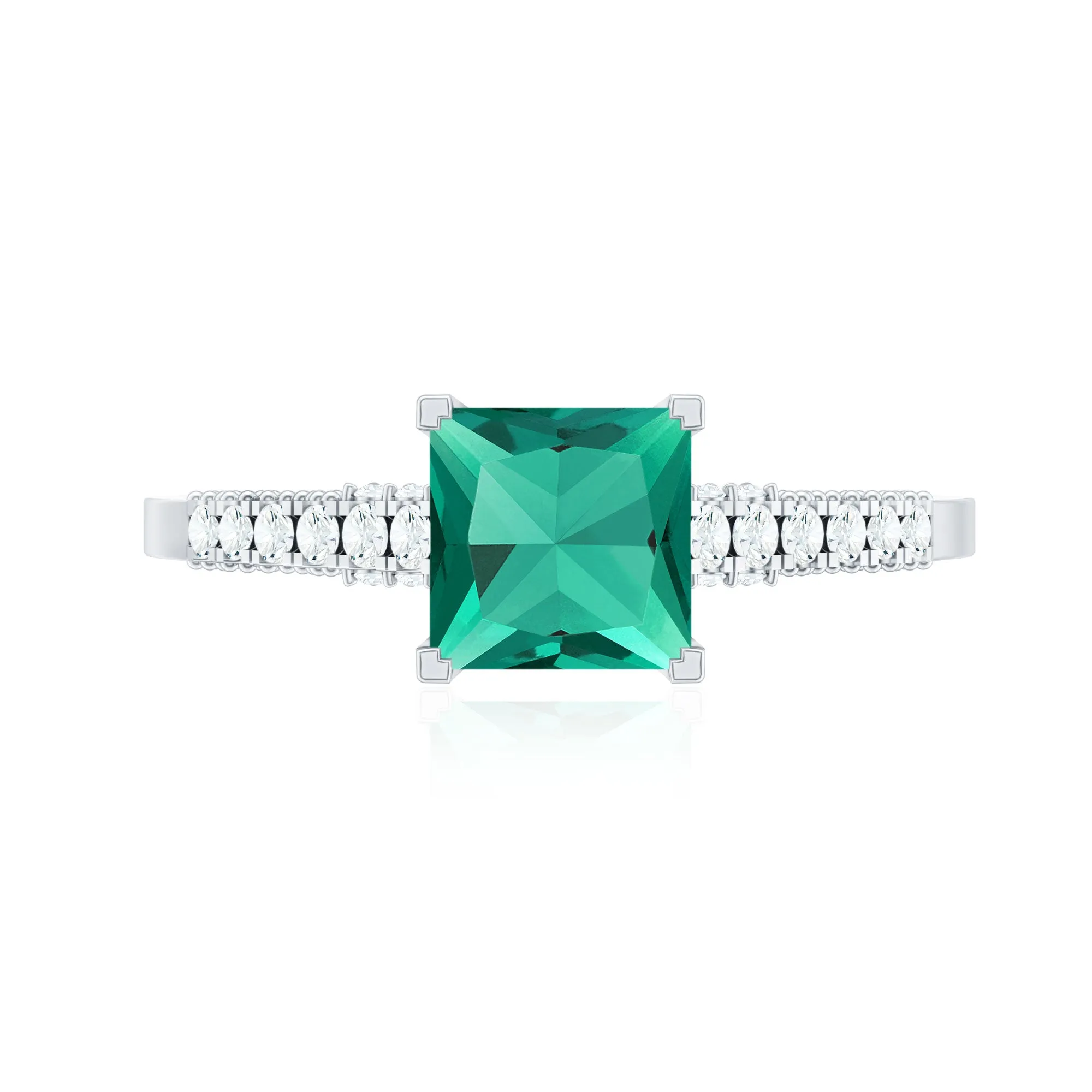 Princess Cut Emerald Milgrain Band Ring with Diamond Side Stones