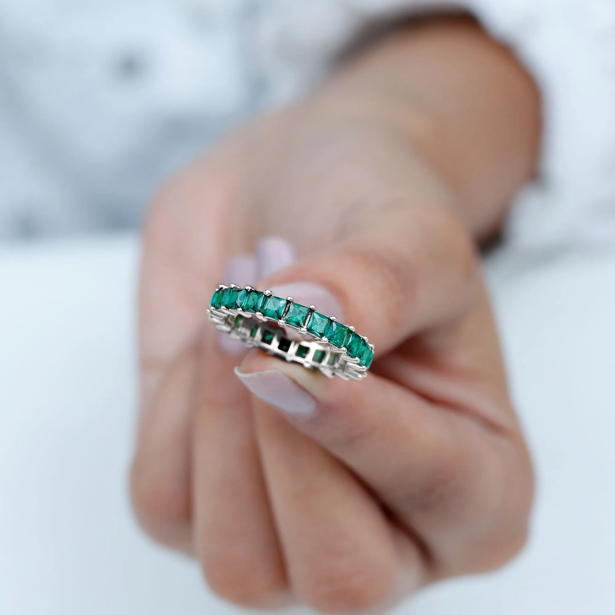 Princess Cut Lab Grown Emerald Full Eternity Ring