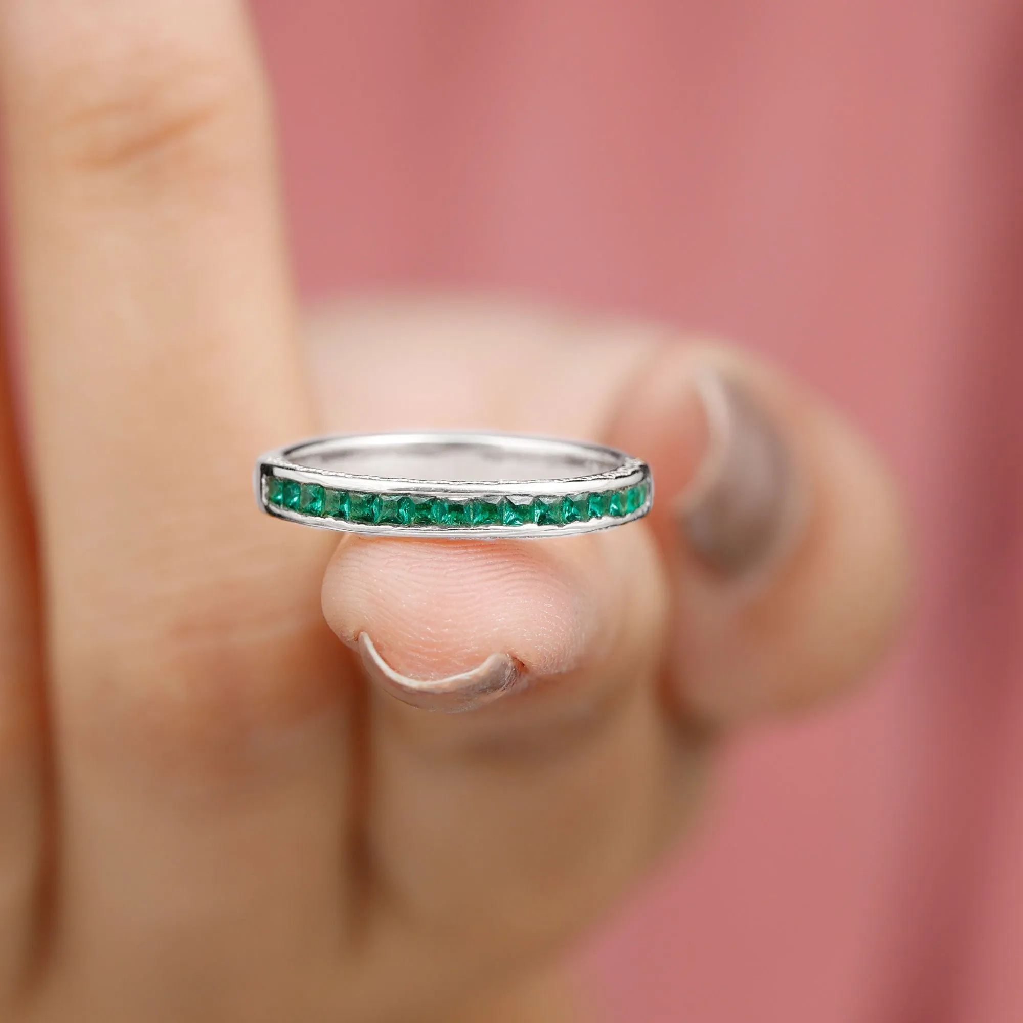 Princess Cut Lab Grown Emerald Half Eternity Ring