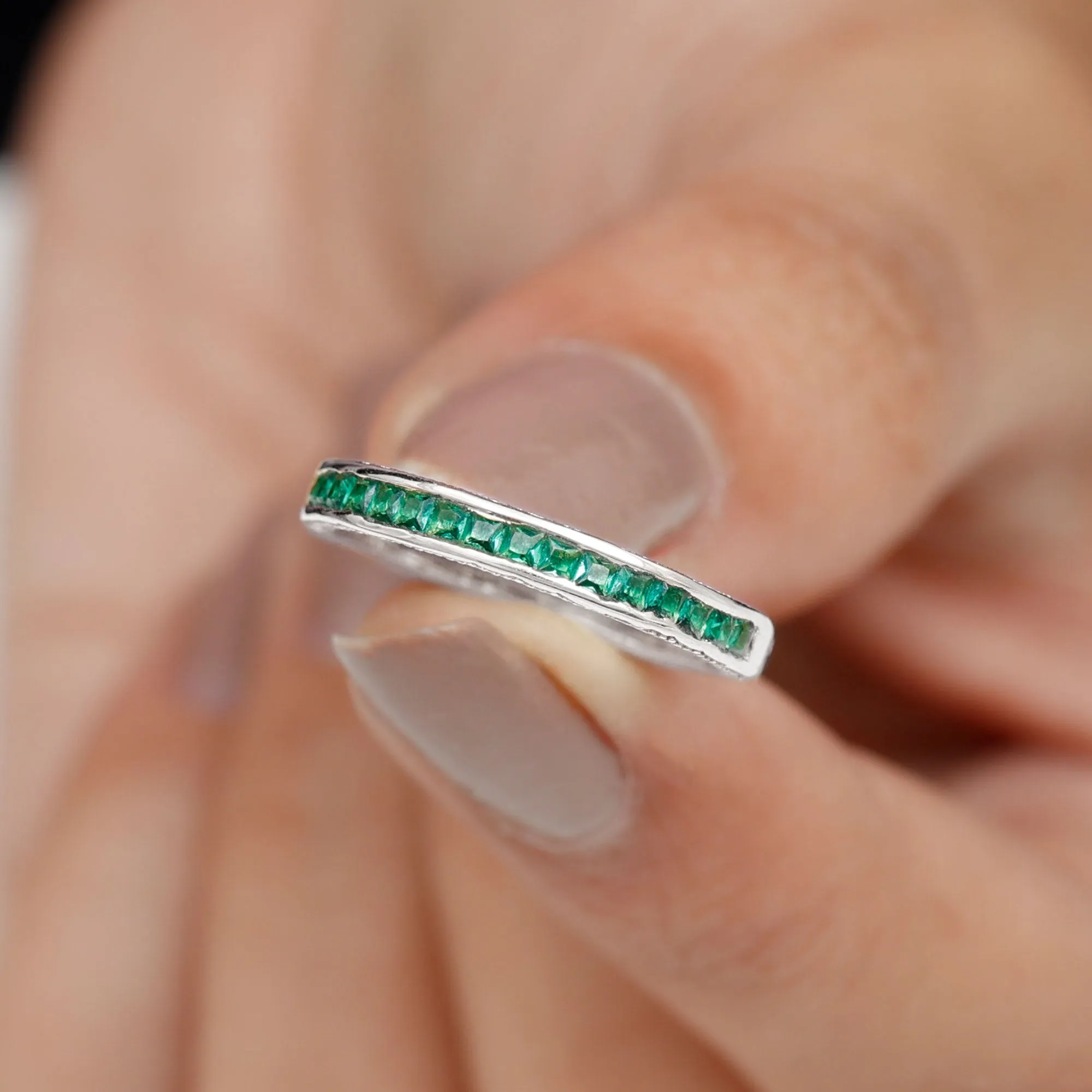 Princess Cut Lab Grown Emerald Half Eternity Ring