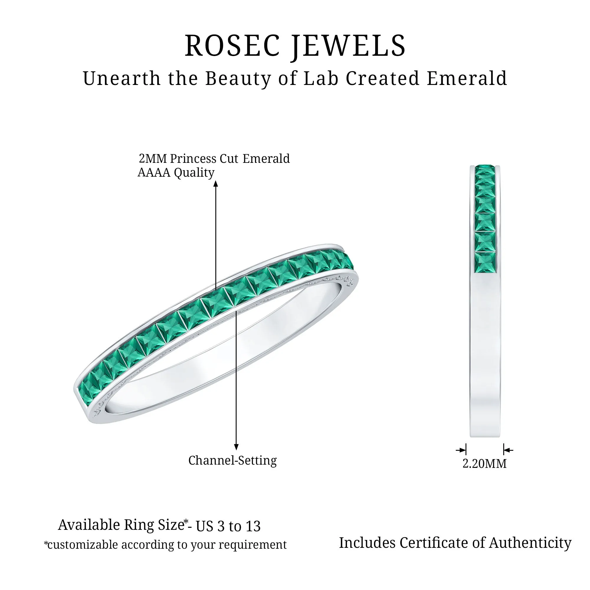 Princess Cut Lab Grown Emerald Half Eternity Ring