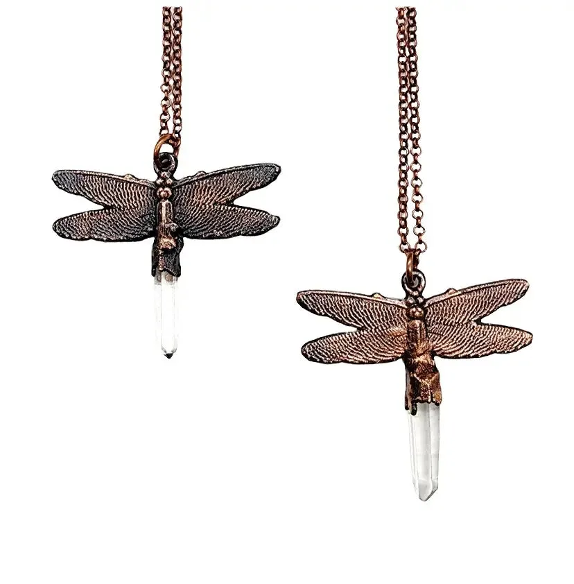 Quartz Crystal Dragonfly Necklace - Copper